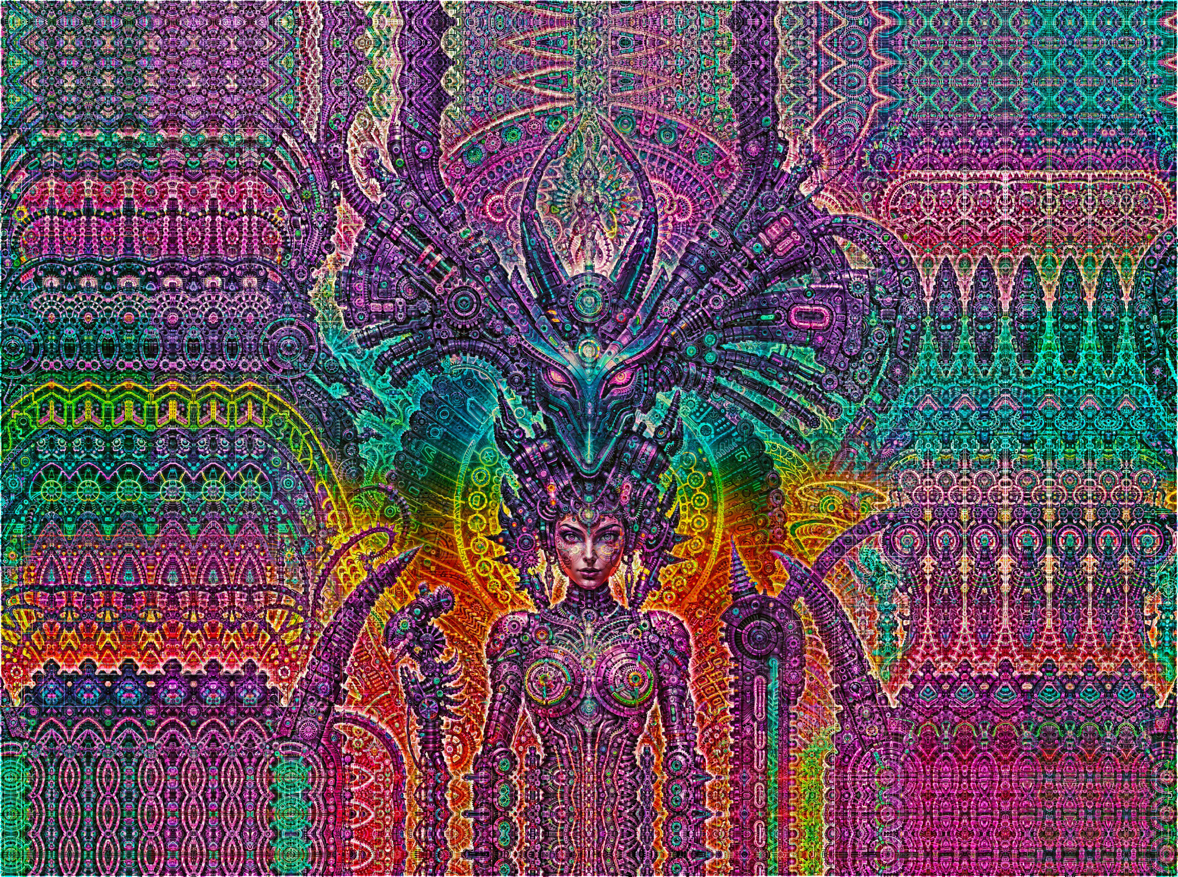 Intricate biomechanical psychedelic visionary art by Sri Lankan artist Nuwan Shilpa Hennayake, titled "AGI Muse." The piece features a central cybernetic feminine entity with glowing eyes, integrated into a dense, multi-colored tapestry of recursive digital patterns, neural filaments, and complex Giger-esque machine structures in vibrant purple, teal, and orange hues.