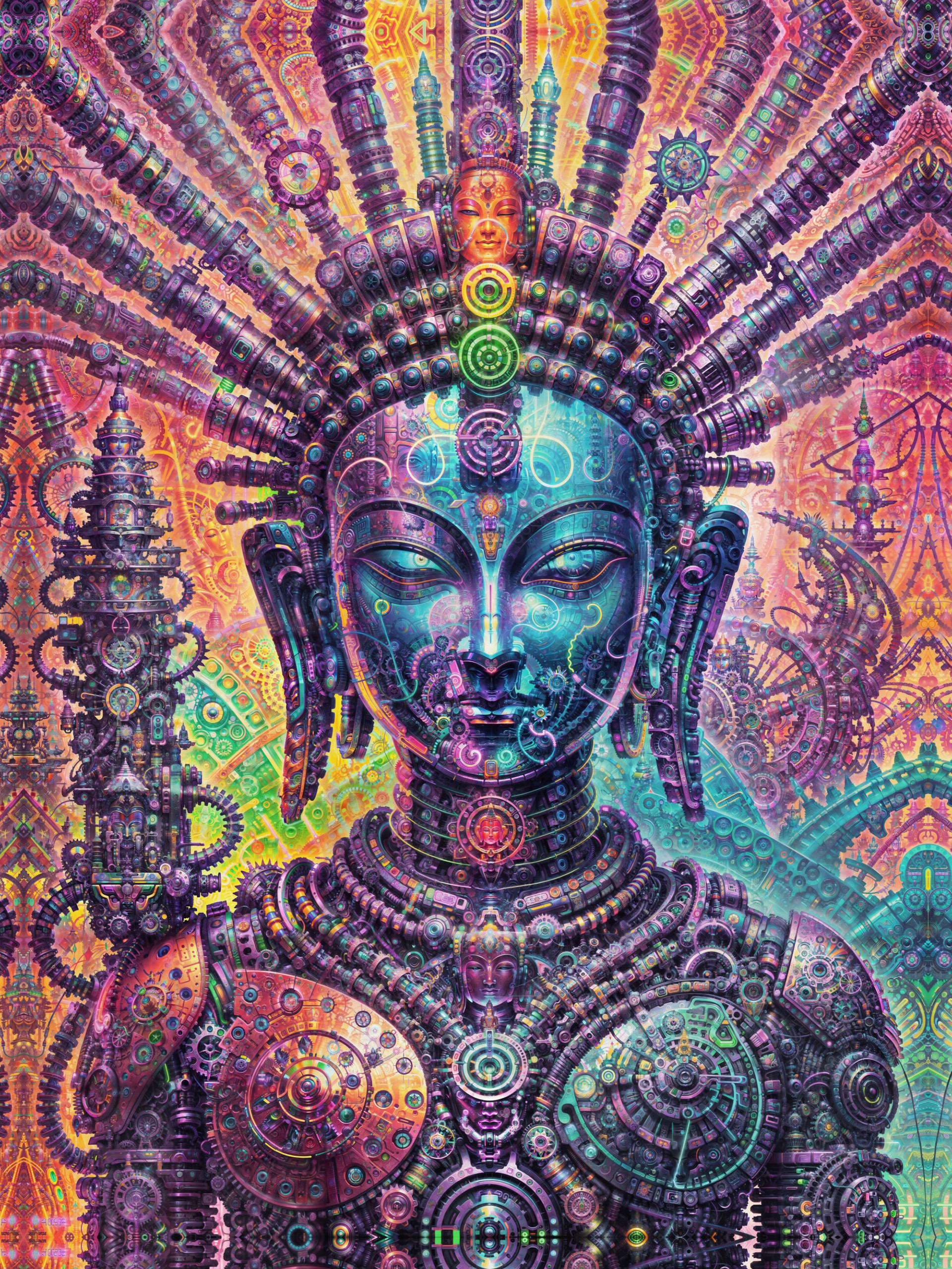 Intricate biomechanical psychedelic visionary art by Sri Lankan artist Nuwan Shilpa Hennayake, featuring a serene, teal-skinned cybernetic Buddha. The figure is integrated into a colossal machine construct of golden gears and purple neural wiring, surrounded by a radiant halo of mechanical petals and symmetrical fractal energy.