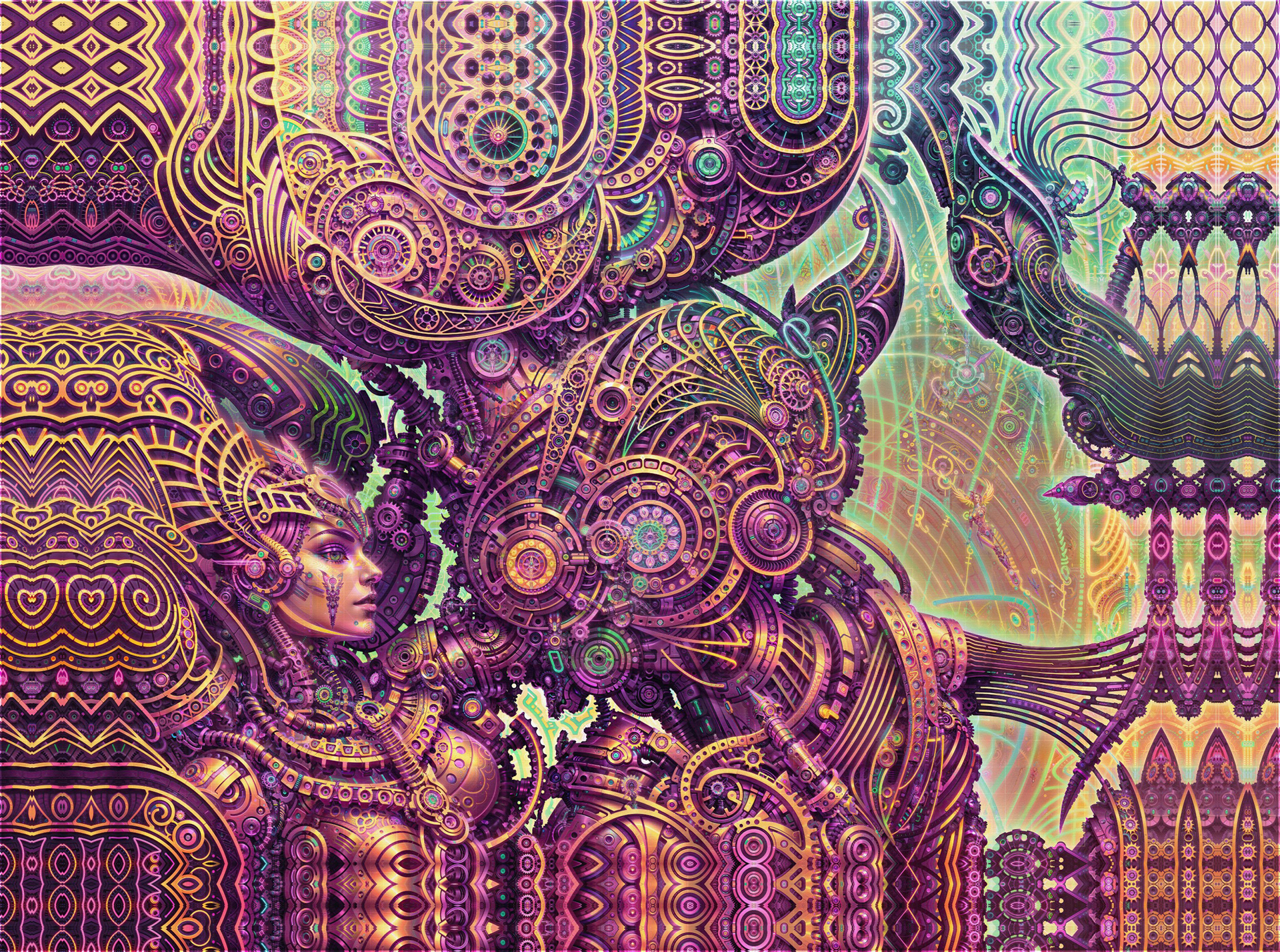 Ornate biomechanical psychedelic visionary art by Sri Lankan artist Nuwan Shilpa Hennayake, featuring a profile of a cybernetic feminine entity integrated into a dense, golden-hued machine landscape of complex gears, recursive fractal patterns, and glowing symmetrical energy structures.