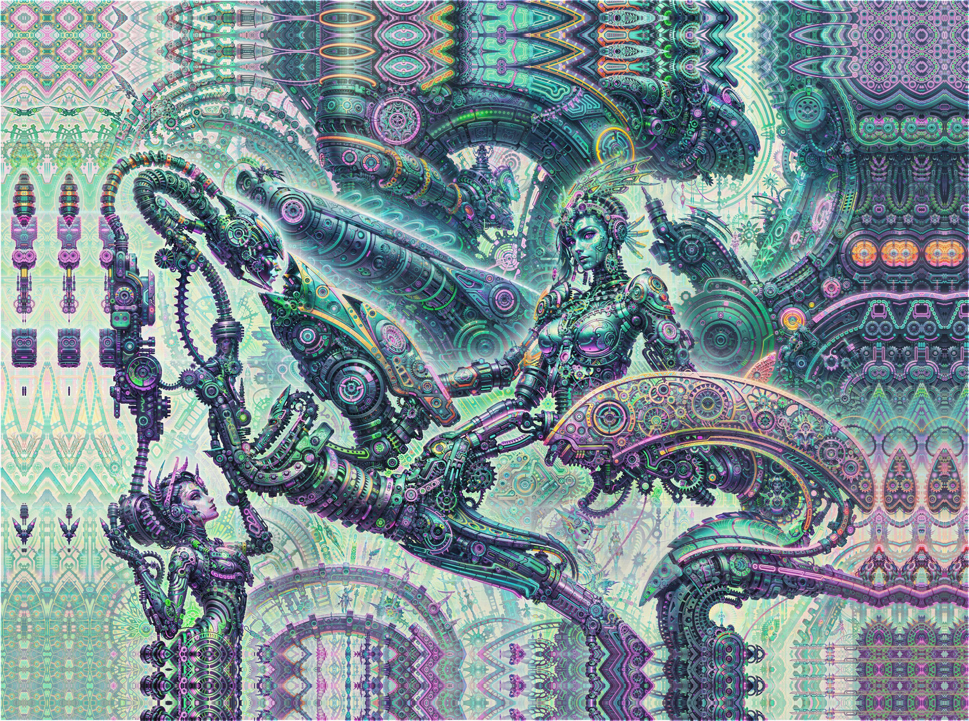 Ornate biomechanical psychedelic visionary art by Sri Lankan artist Nuwan Shilpa Hennayake, featuring two cybernetic feminine entities interacting within a luminous, teal-hued mechanical void filled with complex gears, neural filaments, and glowing circuit-like fractal patterns.