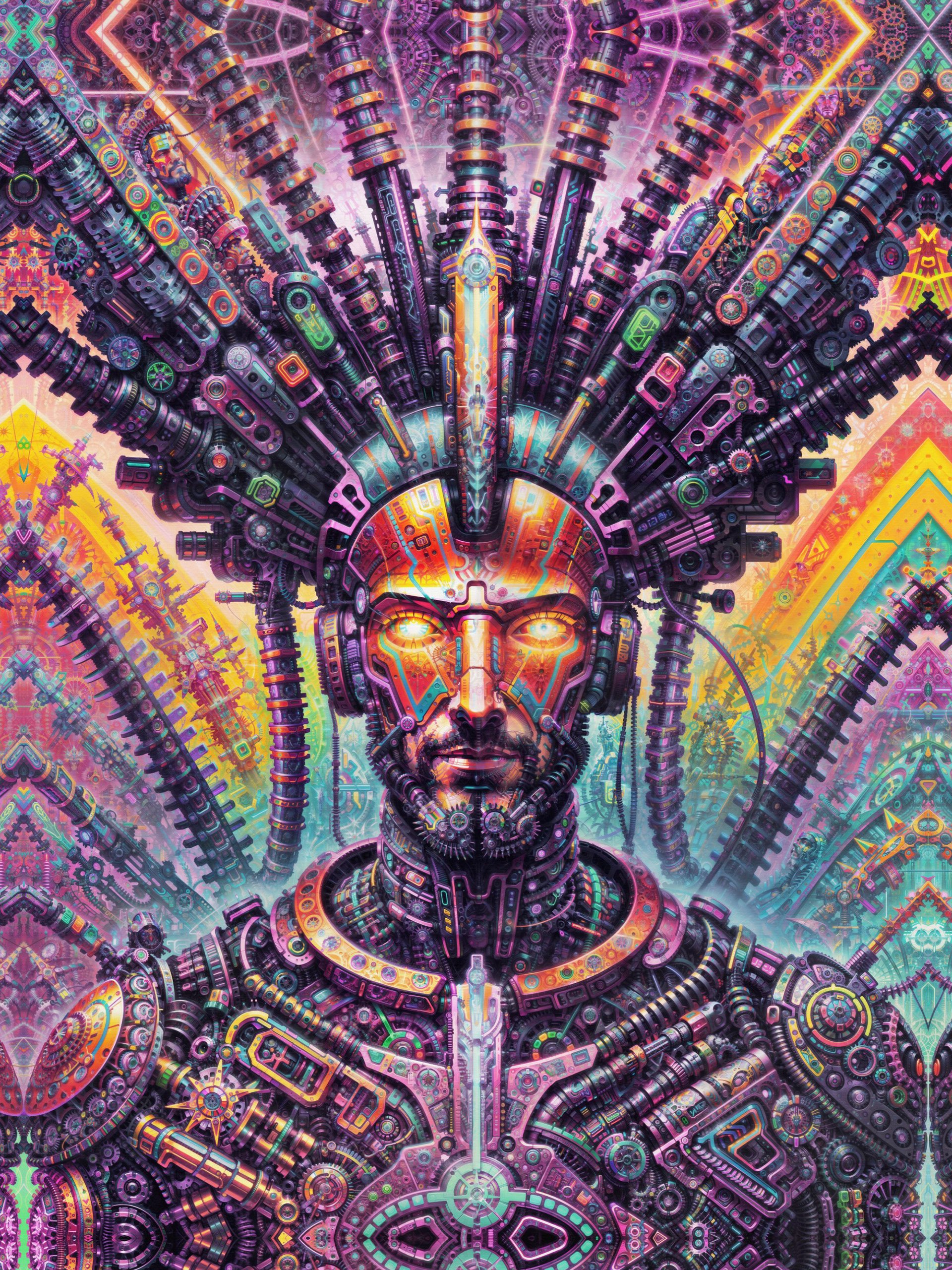 Intricate biomechanical psychedelic visionary art by Sri Lankan artist Nuwan Shilpa Hennayake, featuring a central masculine figure with glowing eyes and an elaborate, multi-layered mechanical headdress. The piece showcases a complex network of bronze and purple pipes, gears, and recursive circuit-like patterns against a vibrant geometric background.