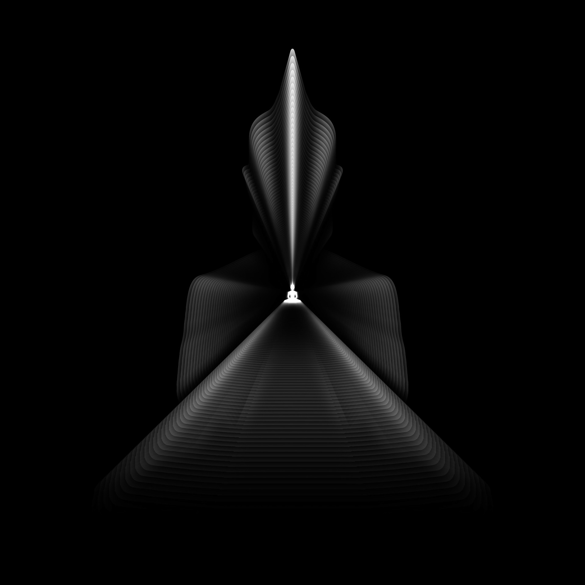 Minimalist spiritual artwork by Sri Lankan artist Nuwan Shilpa Hennayake, depicting a meditative silhouette formed by sharp, ascending white geometric layers that converge at a singular, radiant crown point against a black background.