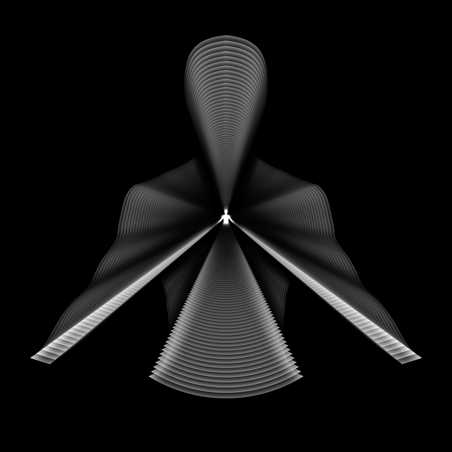 Monochromatic psychedelic visionary art by Sri Lankan artist Nuwan Shilpa Hennayake, featuring a silhouetted human form composed of receding white concentric outlines that create a deep, tunneling perspective into a central point of light.