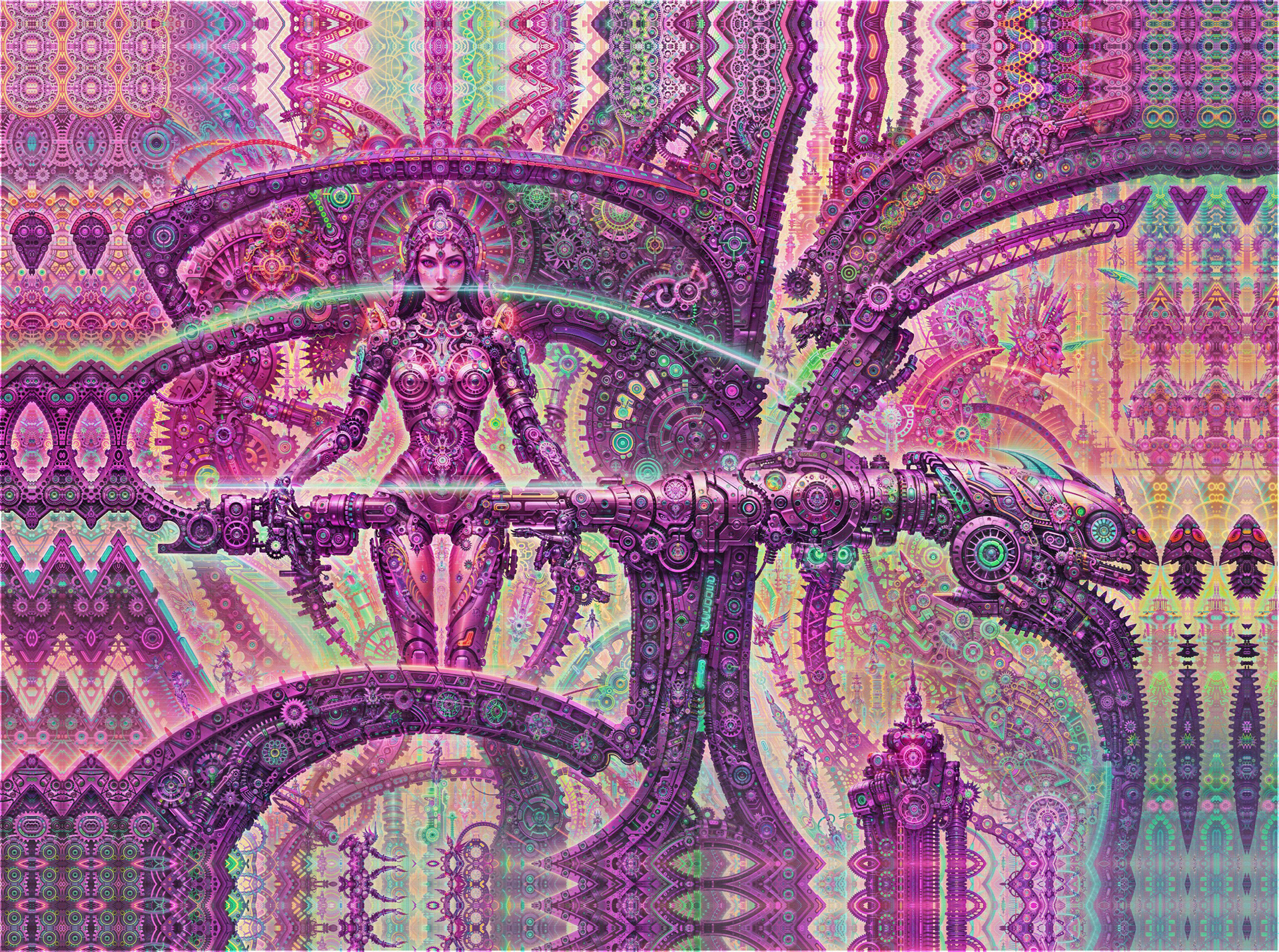 Symmetrical biomechanical psychedelic visionary art by Sri Lankan artist Nuwan Shilpa Hennayake, featuring a central feminine android figure within a highly detailed purple and pink mechanical construct of gears, recursive fractal patterns, and a large cybernetic dragon-like structure.