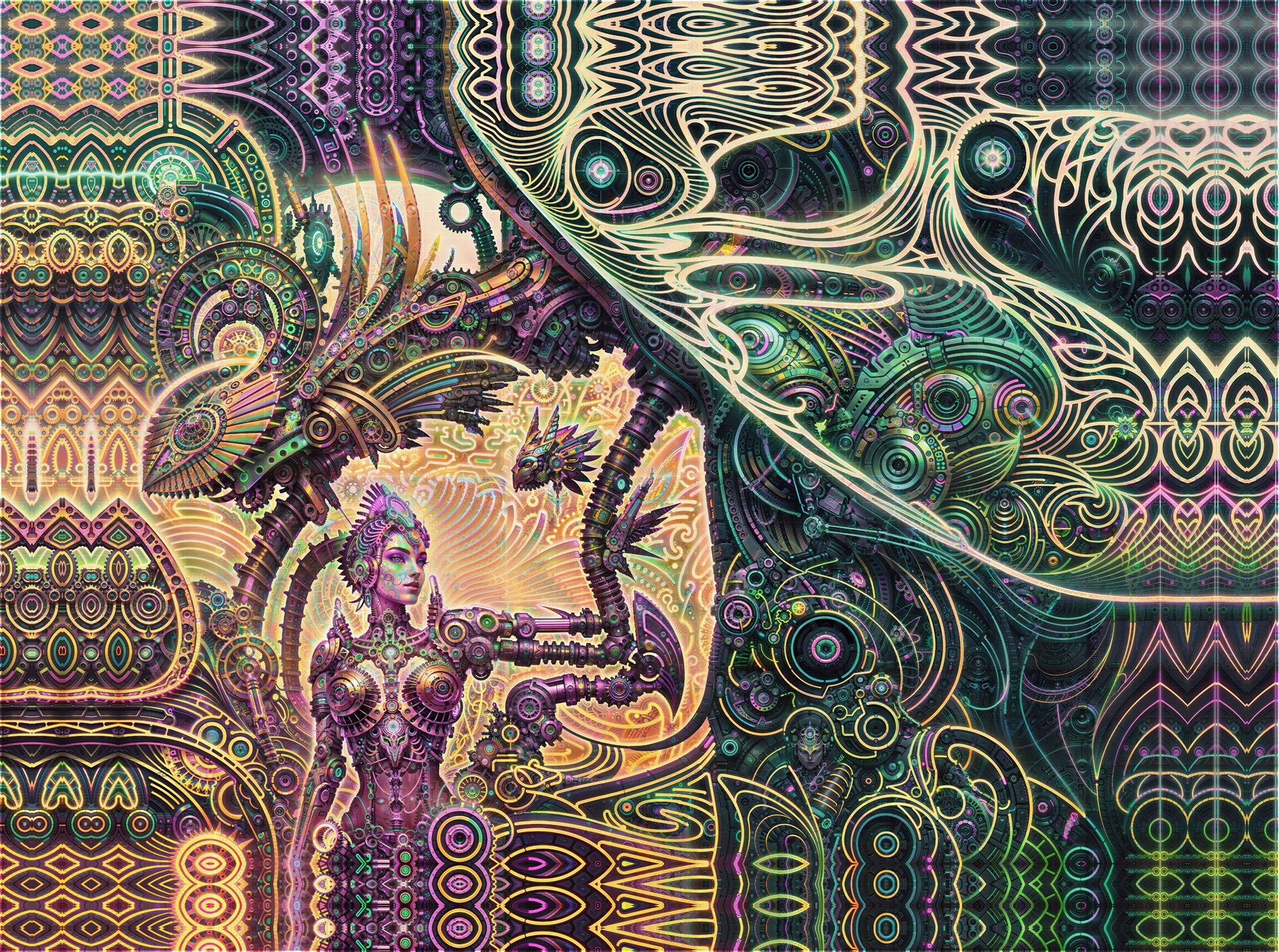 Symmetrical biomechanical psychedelic visionary art by Sri Lankan artist Nuwan Shilpa Hennayake, featuring a central cybernetic feminine deity integrated into an ornate, golden-hued machine landscape of complex gears, recursive fractal patterns, and glowing teal and yellow energy filaments.