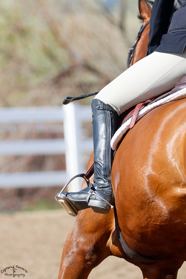 Close-up of a rider's boot and sput in the saddle on a chestnut horse