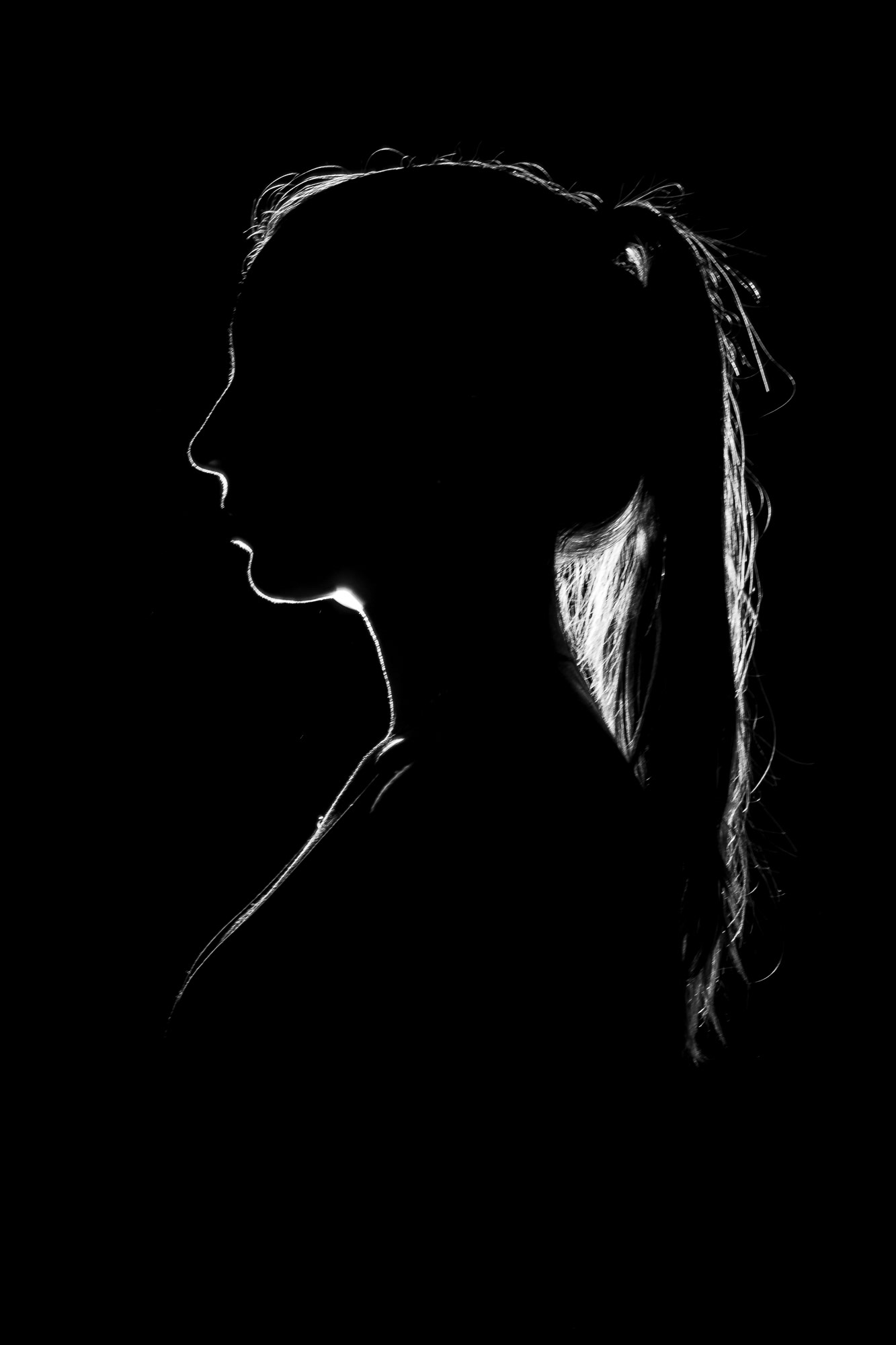 Silhouette of a woman in a ponytail, black background with rim lighting