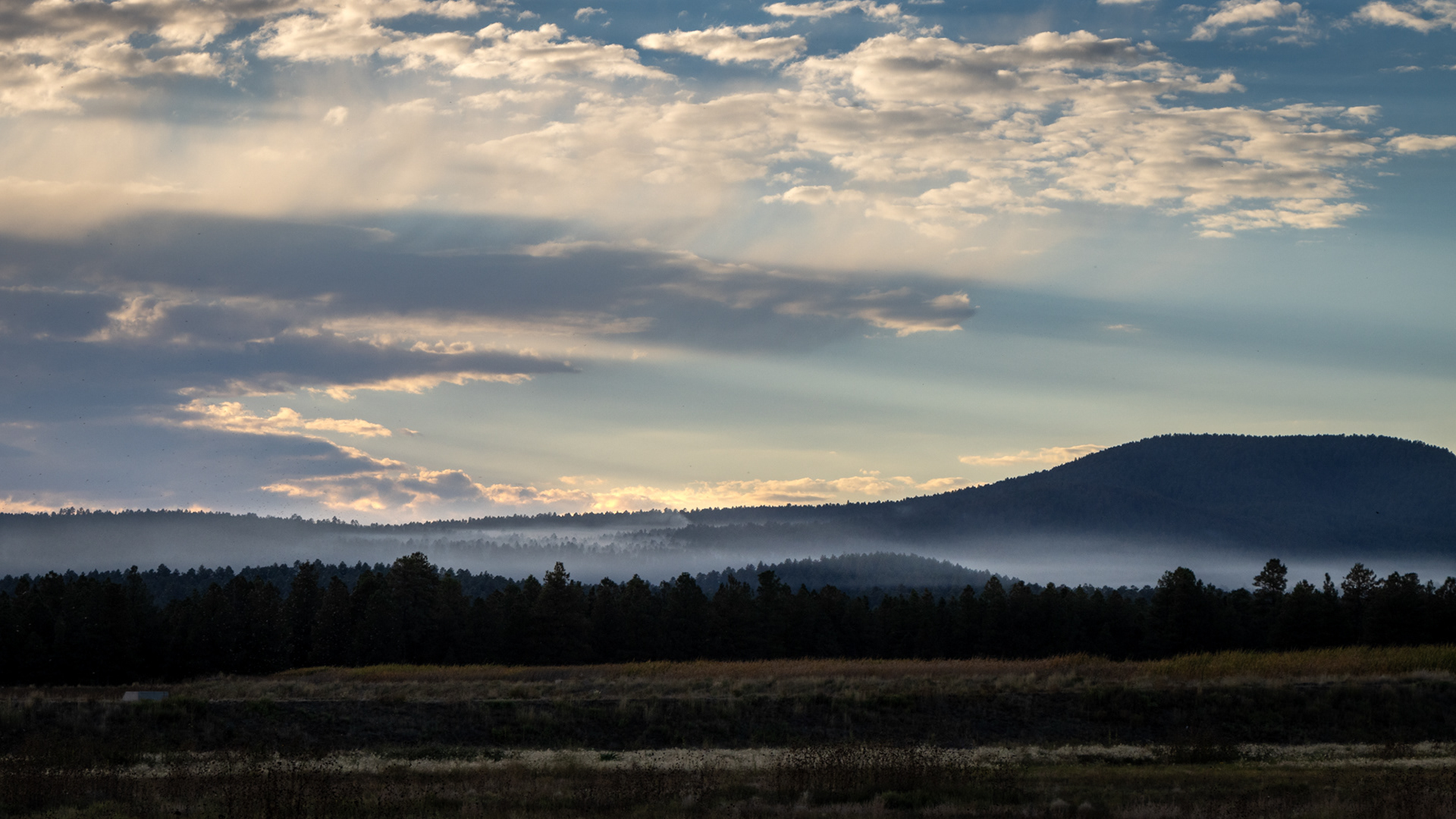 Rolling forested hills under a cloudy sky with layers of smoke