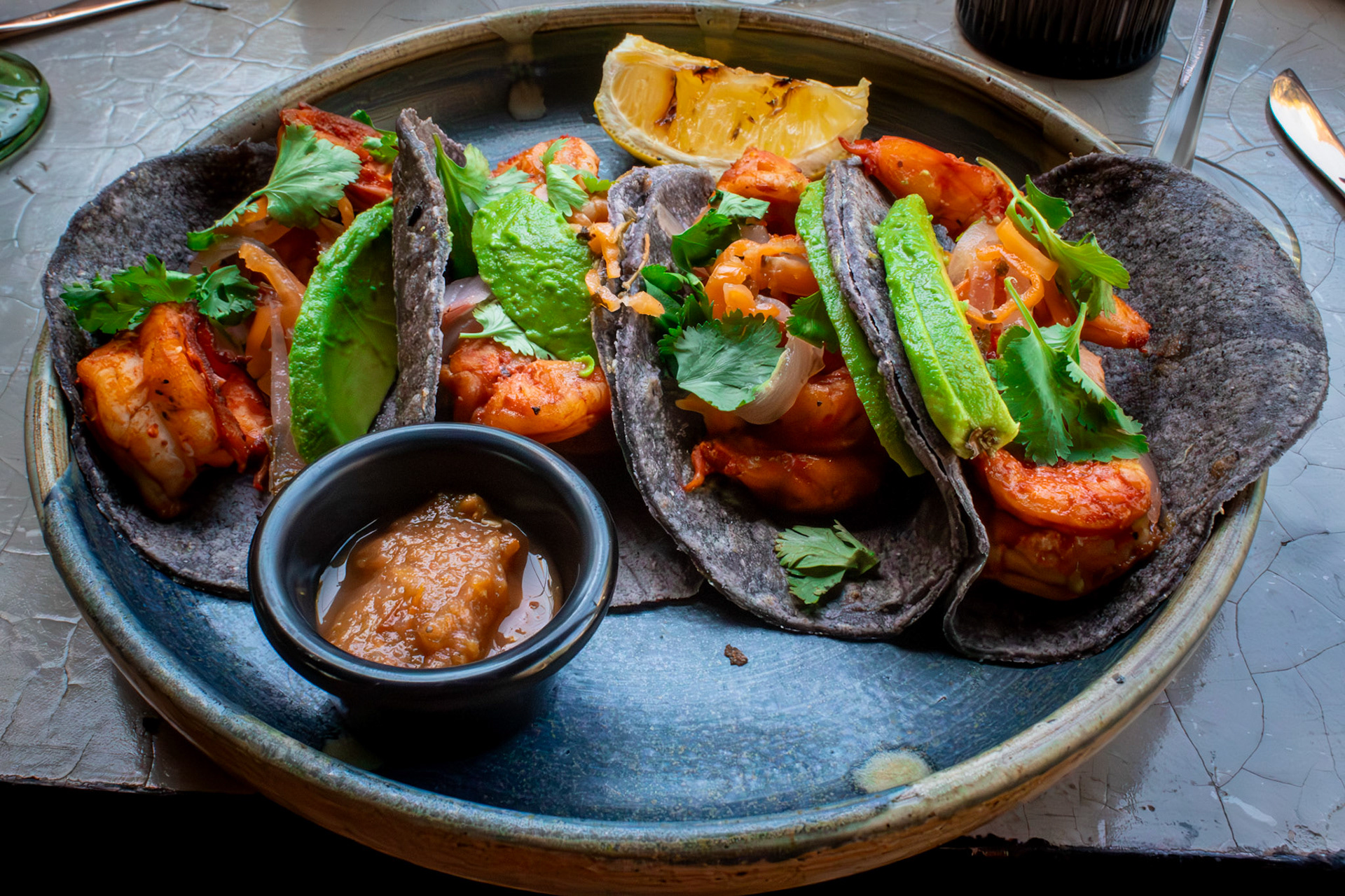 Tacos de camaron pibil, Jardin Secreto