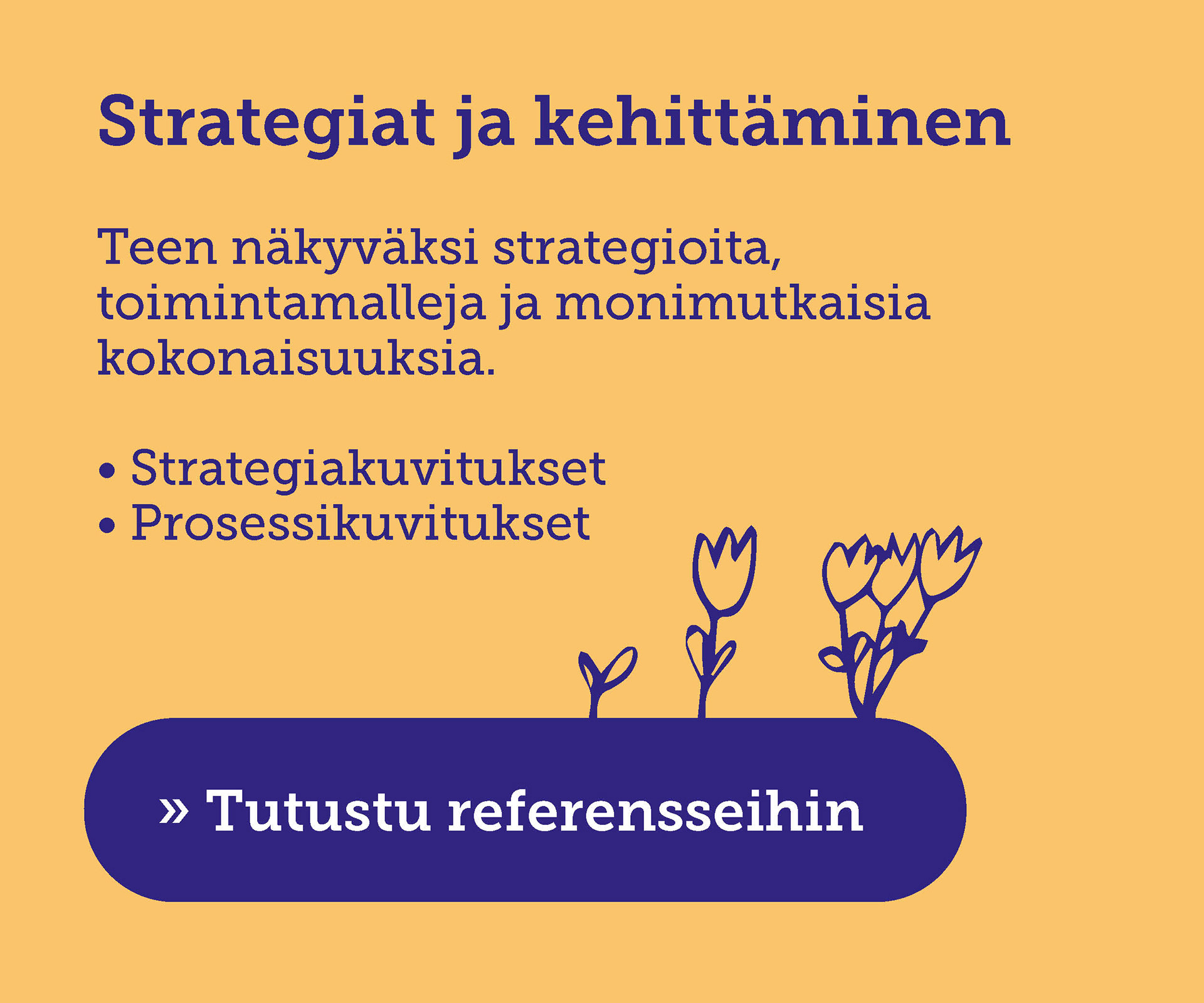 Strategiakuvitukset ja prosessikuvitukset sekä tiedon visualisoinnit.