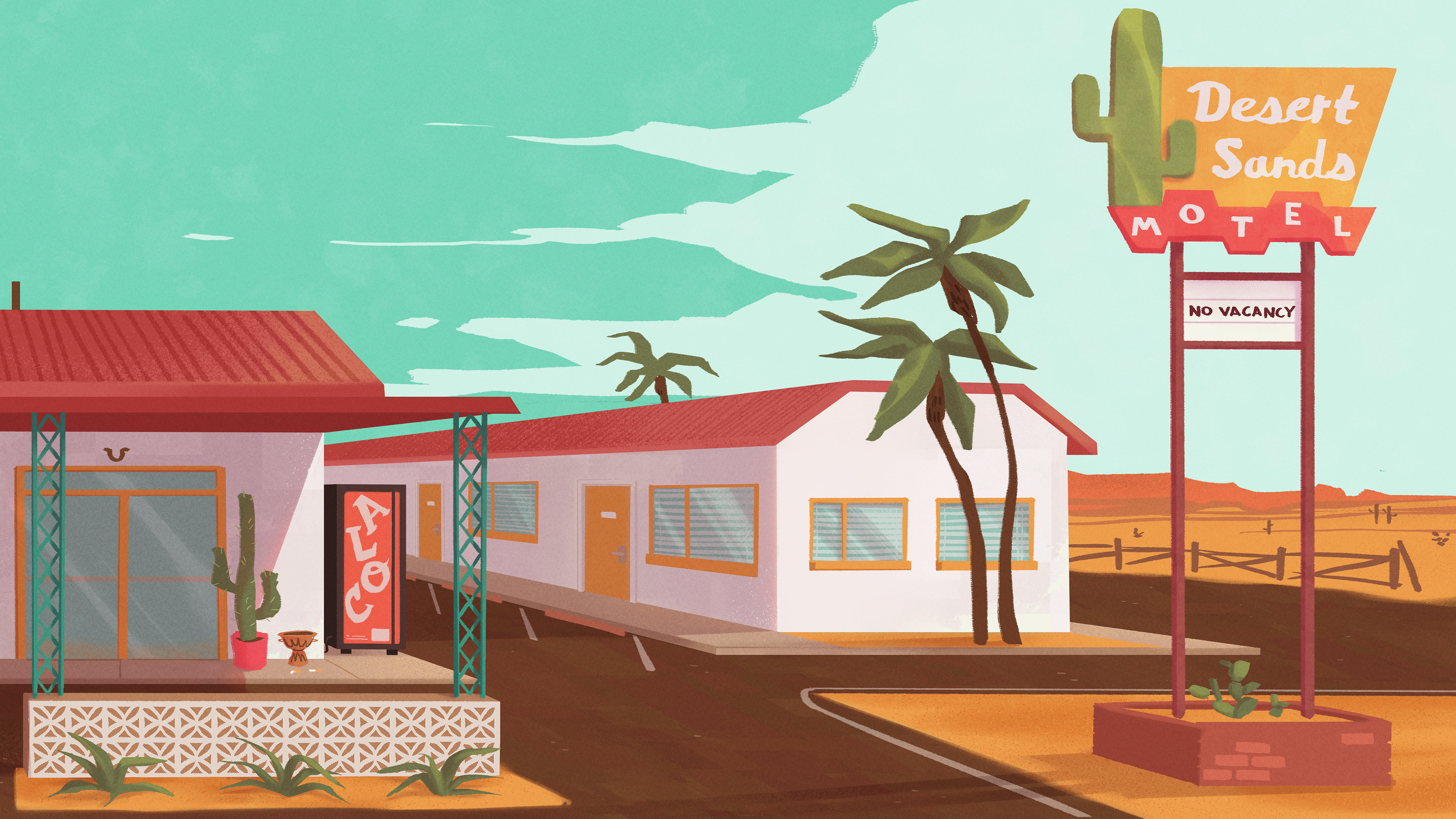 Background painting, motel exterior, daytime.