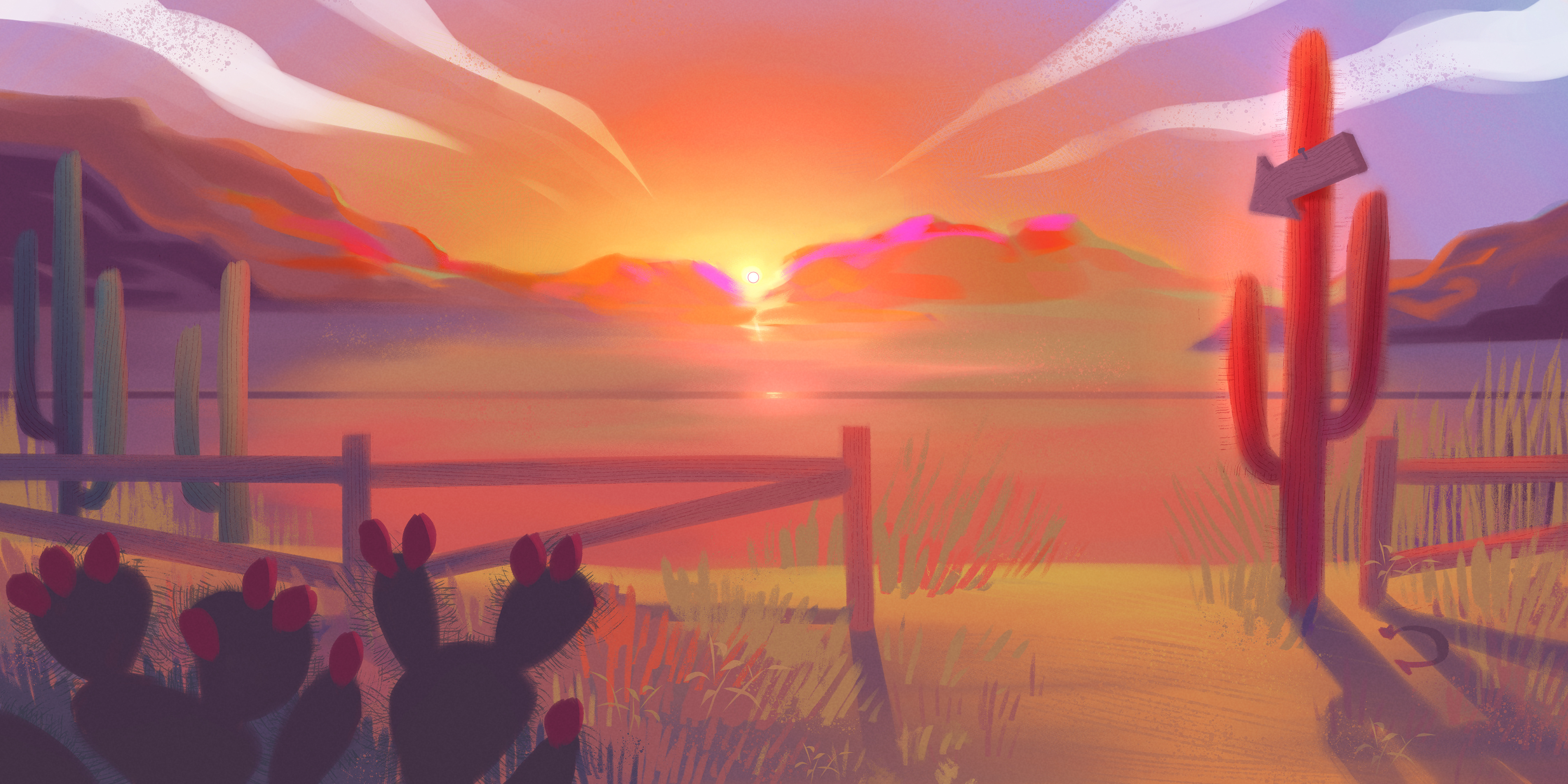 Background painting, desert exterior, evening, extra wide.