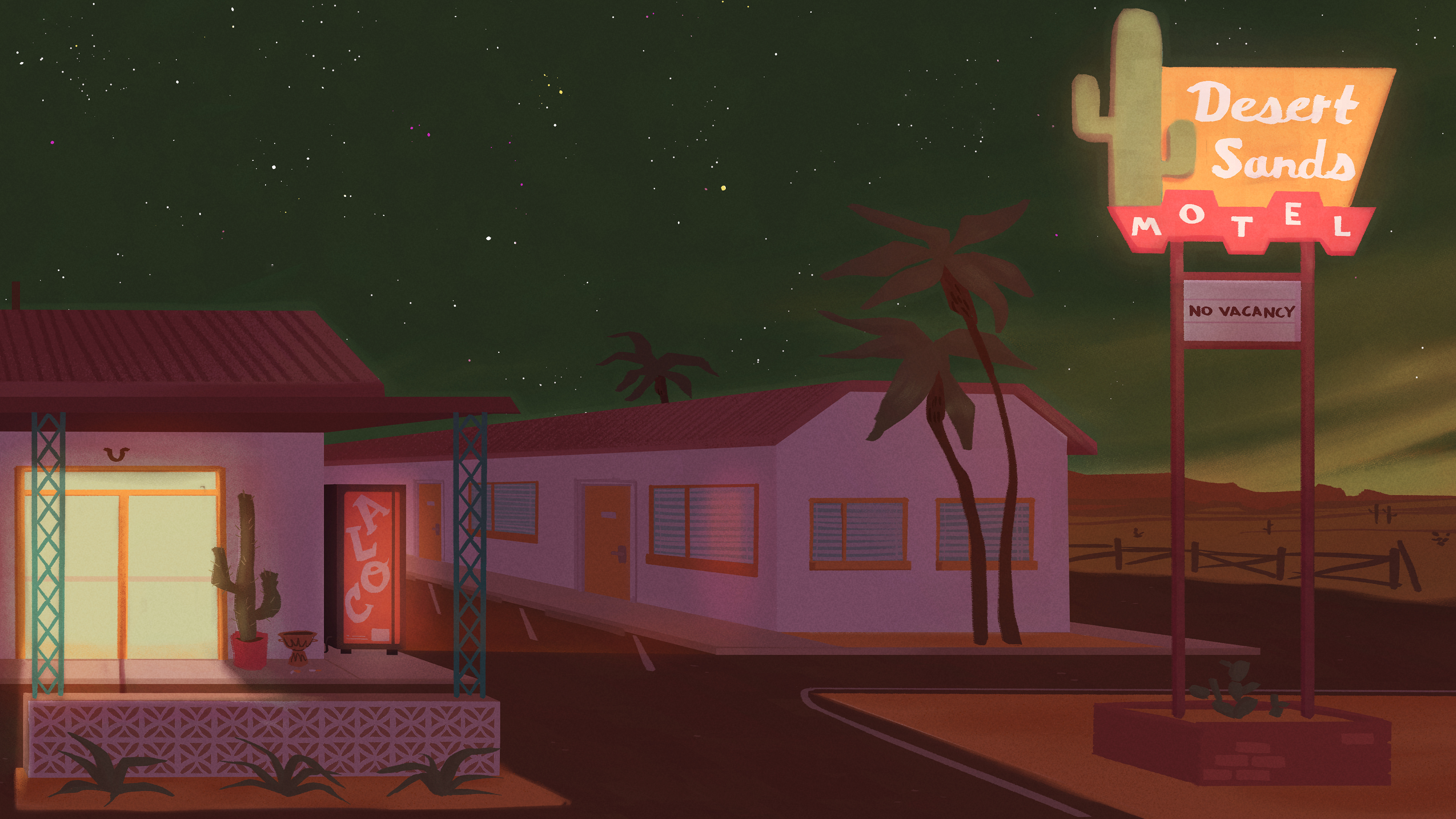 Background painting, motel exterior, nighttime.