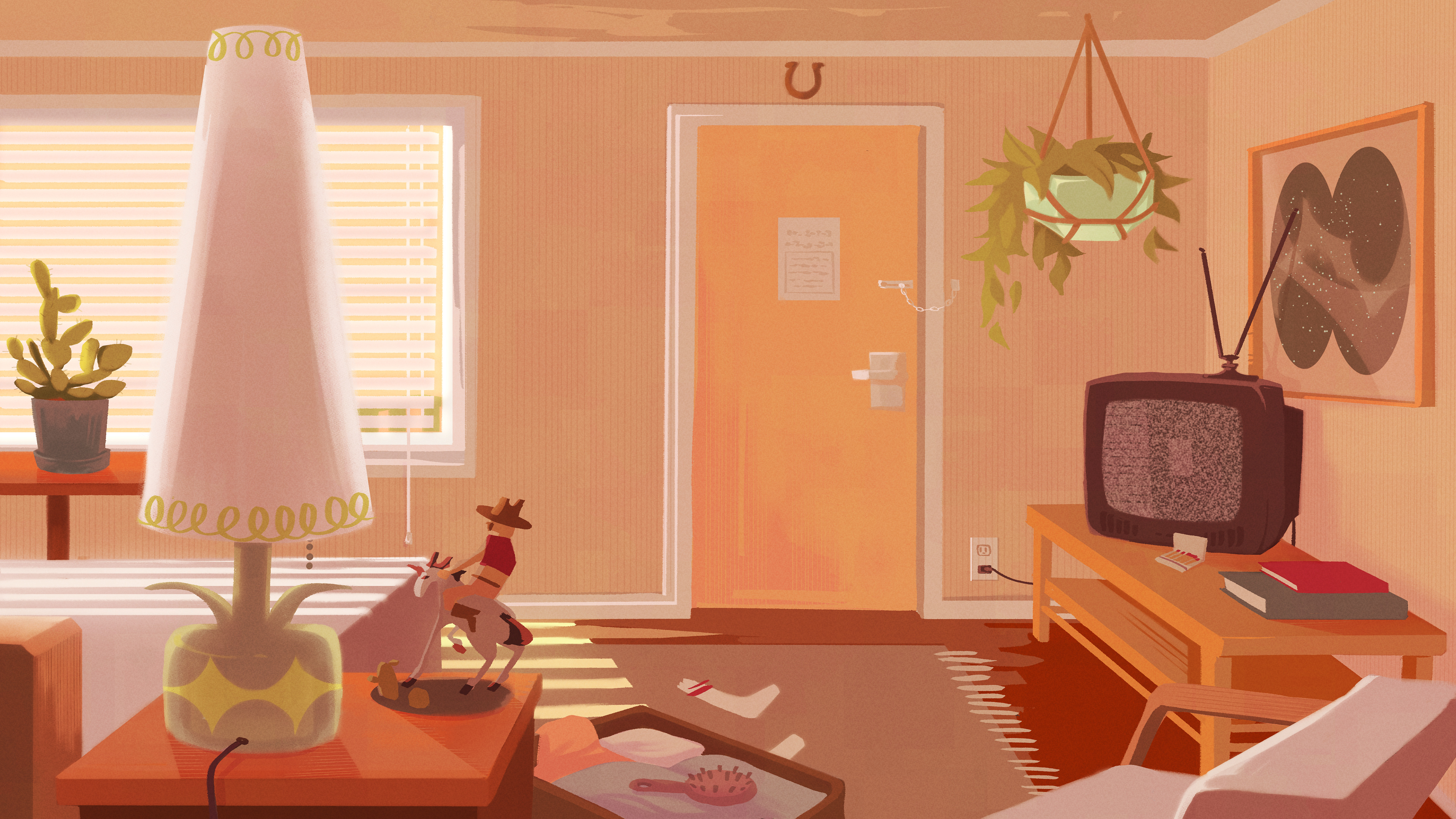 Background painting, motel room interior, daytime.