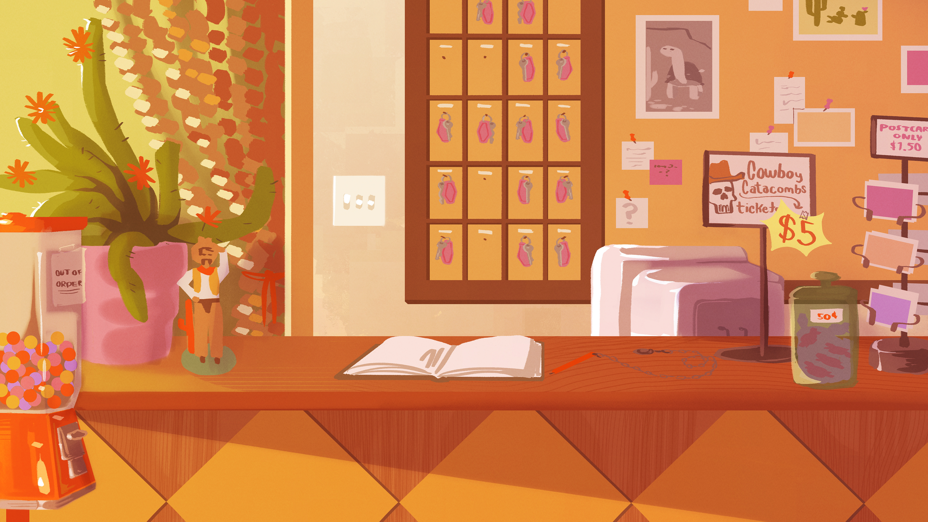 Background painting, motel lobby interior, daytime.
