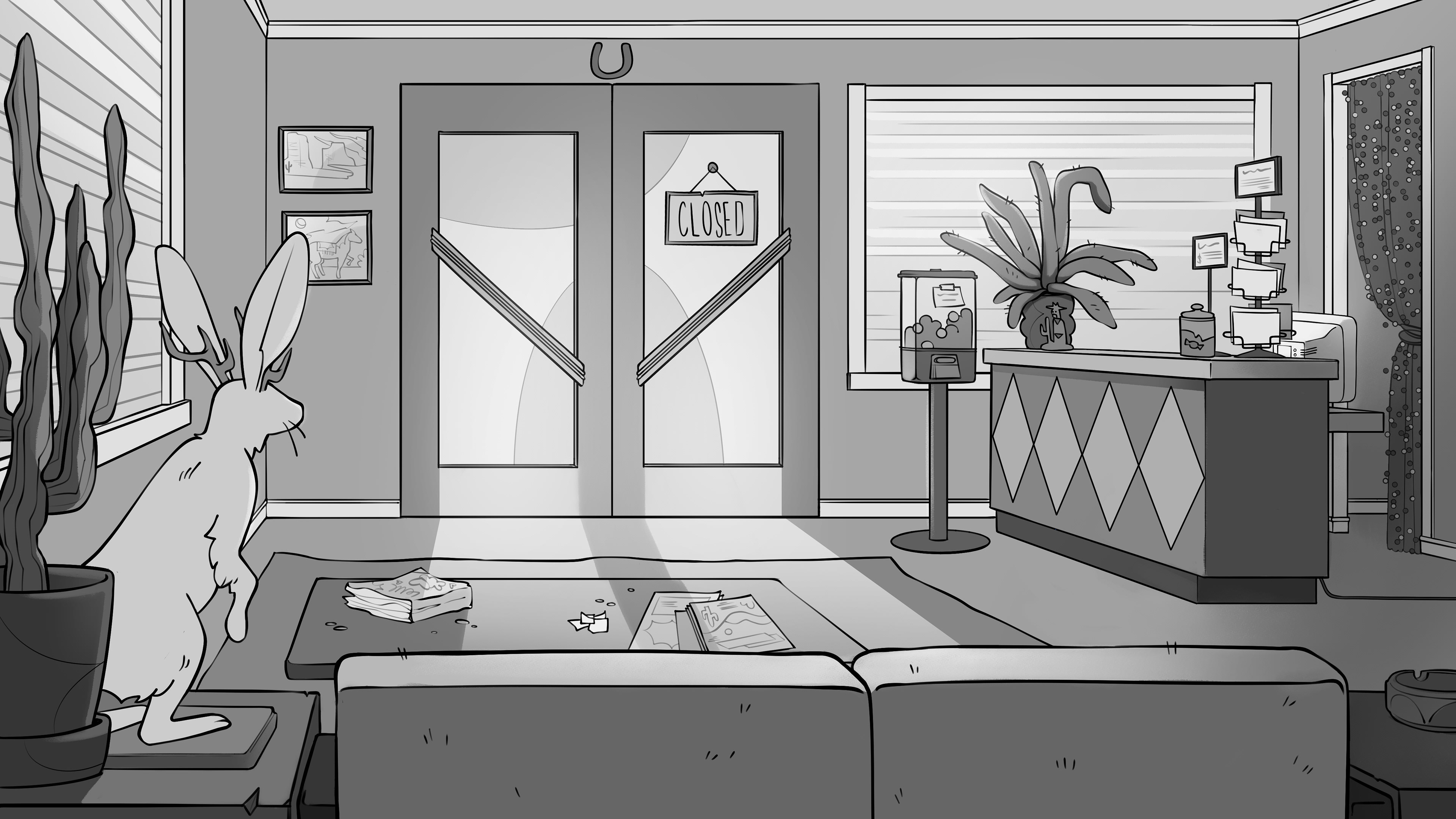 Background line art unpainted, motel lobby interior angle 2, daytime.