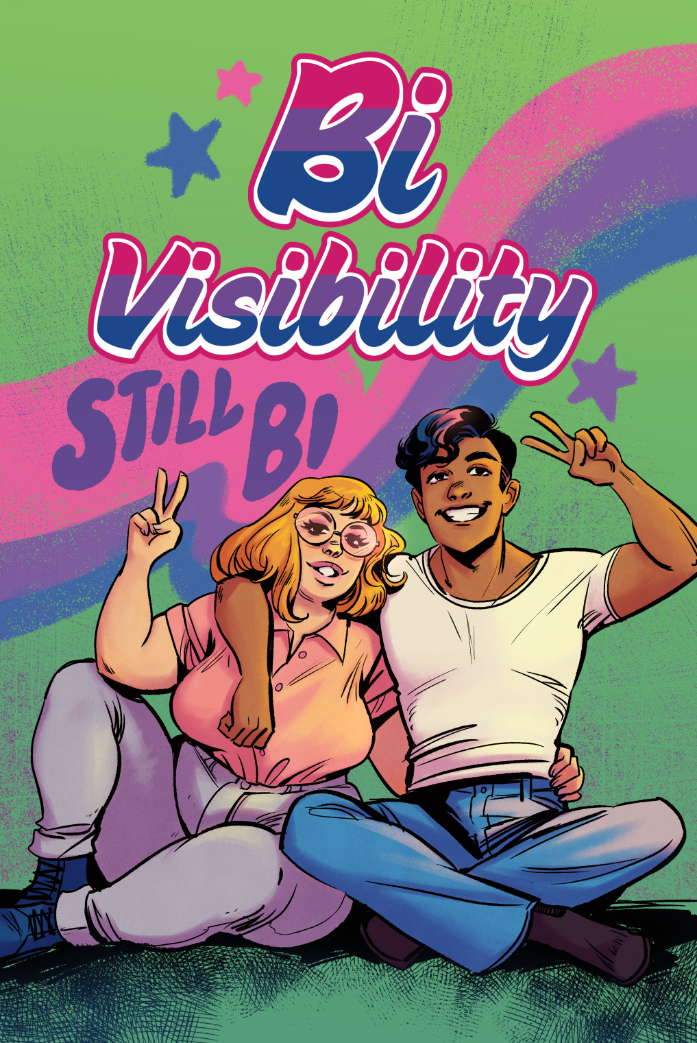 Cover from "Bi Visibility: Still Bi." Lines by Tina Valentina, colors by Katlyn Gonzalez.