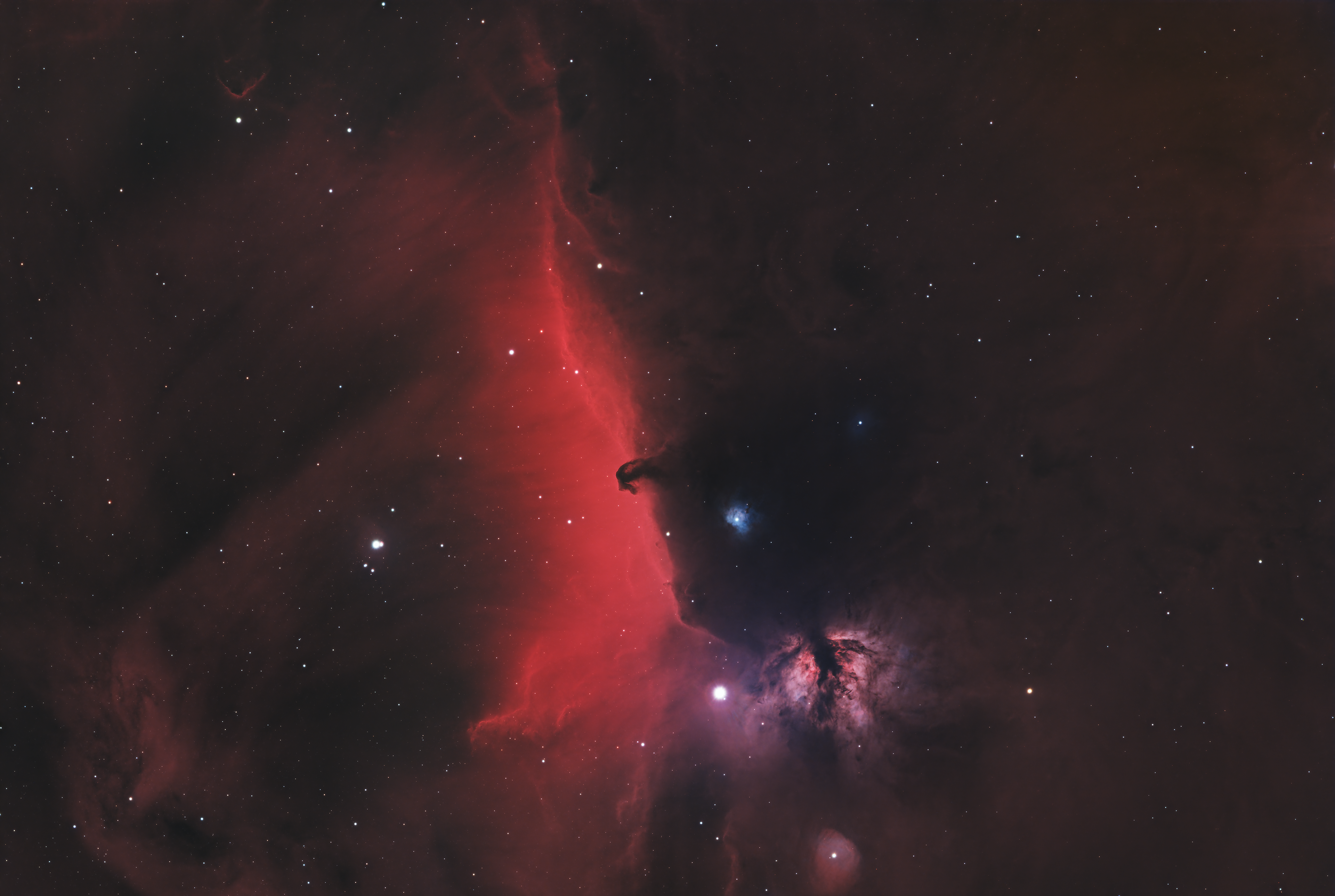 The Horsehead Nebula, also known as Barnard 33, is one of the most iconic and recognizable dark nebulae in the night sky. It is located about 1,500 light-years away in the constellation Orion, within the vast Orion Molecular Cloud Complex. The nebula gets its name from its distinctive shape, which resembles the silhouette of a horse’s head set against the vibrant, red glow of the emission nebula IC 434 in the background. This red glow is produced by ionized hydrogen gas energized by the nearby bright star Sigma Orionis. The dark appearance of the Horsehead Nebula is due to thick clouds of cosmic dust and gas that block the light from behind. It is a region of active star formation, with dense pockets of gas serving as stellar nurseries where new stars are born.