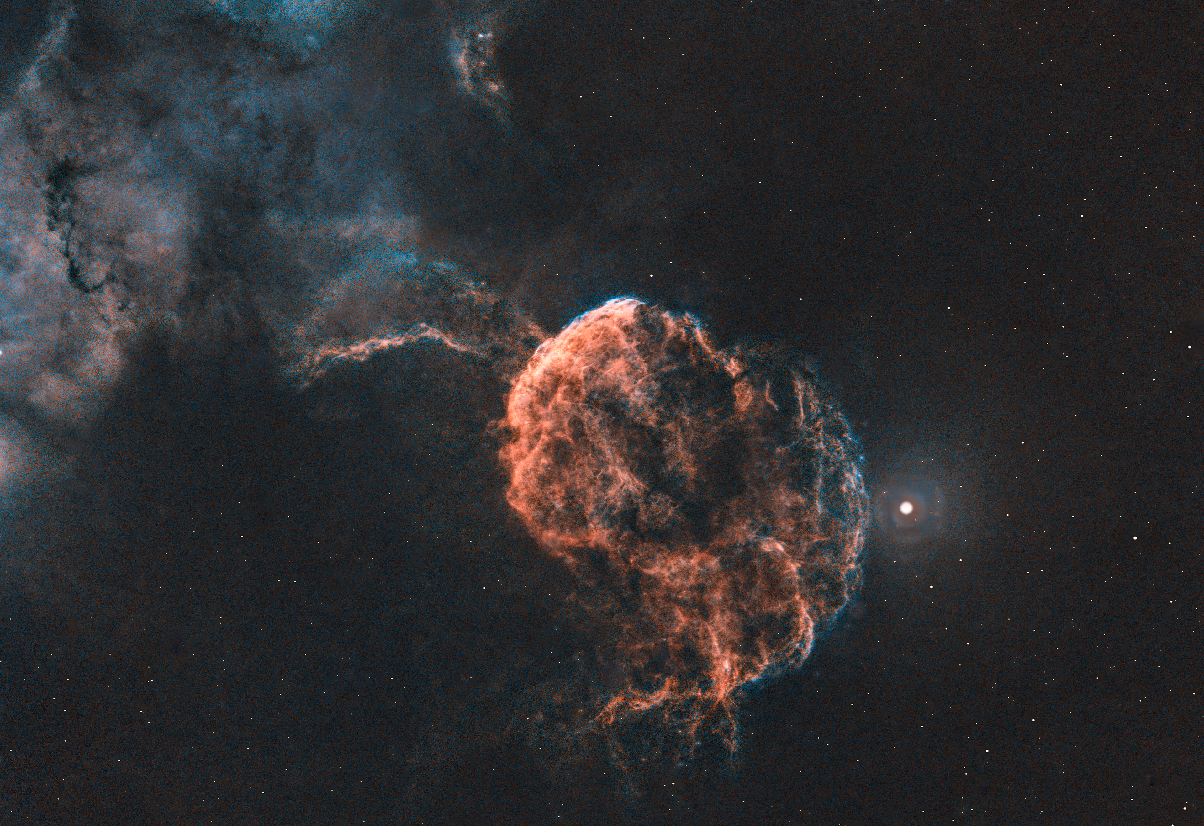 The Jellyfish Nebula, designated as IC 443, is a spectacular supernova remnant located approximately 5,000 light-years away in the constellation Gemini. It gets its name from its distinctive shape, which resembles a jellyfish with trailing tendrils of glowing gas. The nebula is the result of a massive star that exploded as a supernova between 3,000 and 30,000 years ago, leaving behind a complex web of filamentary structures. The shockwaves from the explosion interact with surrounding interstellar gas, creating vibrant emissions, particularly in hydrogen and sulfur wavelengths. The neutron star or pulsar left behind by the supernova lies near the nebula’s edge, adding to its astrophysical intrigue.