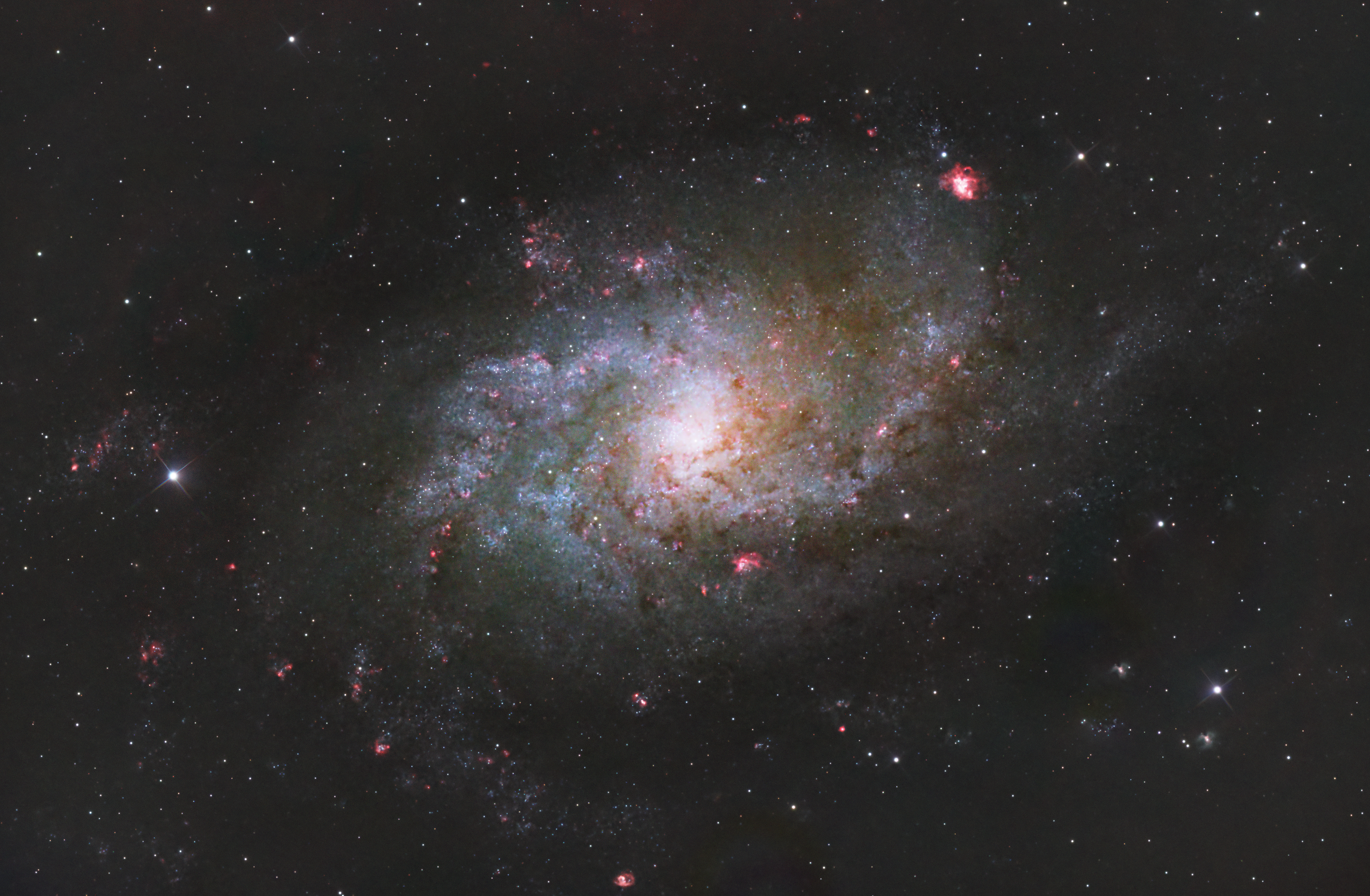 The Triangulum Galaxy, also known as M33, is a spiral galaxy located about 3 million light-years away in the constellation Triangulum. It is the third-largest member of the Local Group, alongside the Milky Way and the Andromeda Galaxy (M31). Spanning approximately 60,000 light-years, the Triangulum Galaxy boasts a beautiful face-on spiral structure with bright blue star clusters, pink hydrogen-alpha regions, and dark dust lanes. It is home to NGC 604, one of the largest star-forming regions known. The galaxy’s rich star-forming activity and proximity make it a fascinating target for amateur and professional astronomers alike.