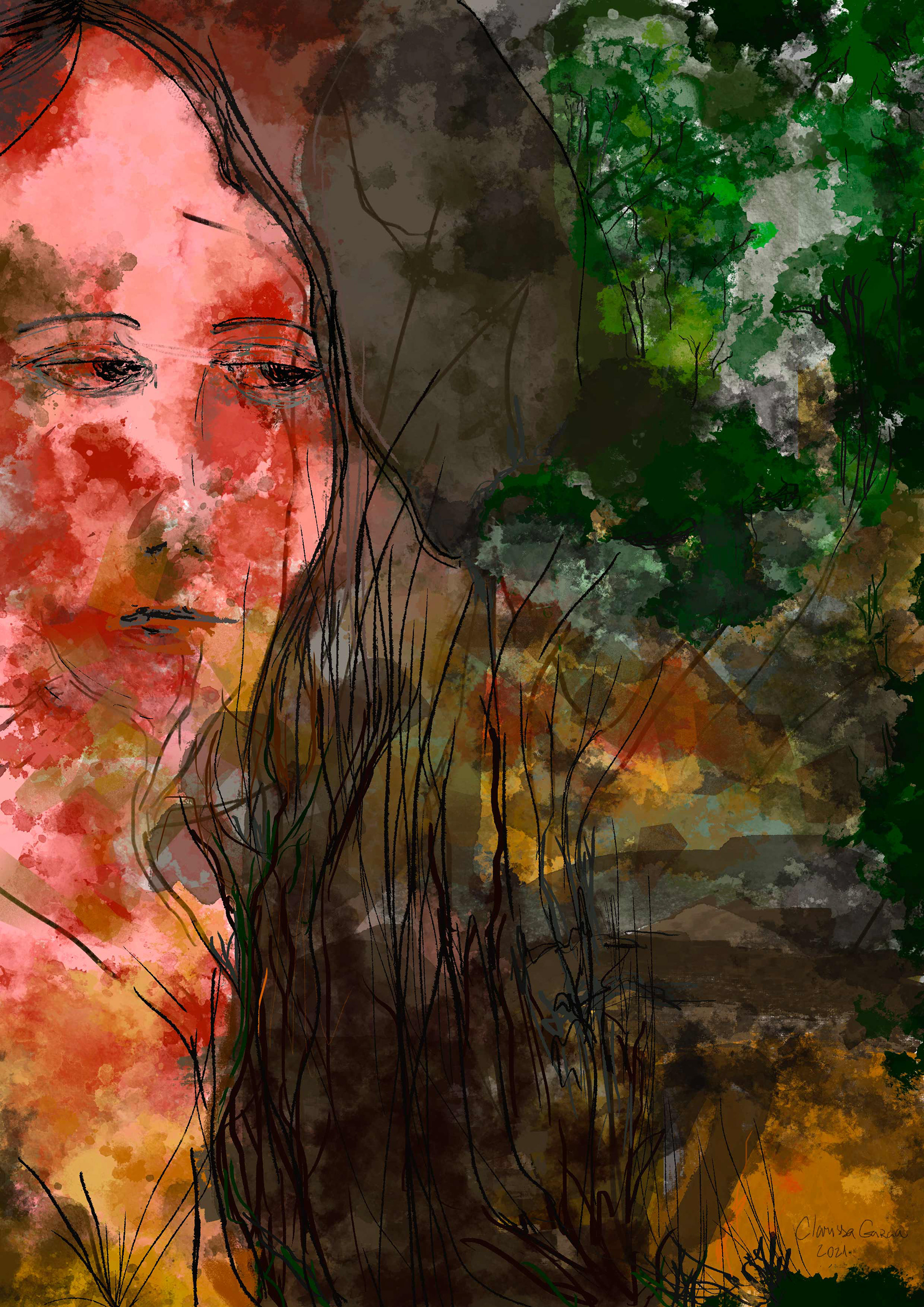 Incêndio na Floresta - nanquim e pintura digital - Clarissa Garcia - Março 2021