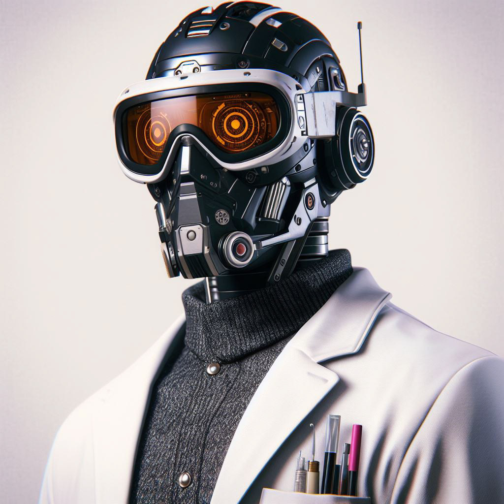 The image shows a humanoid figure dressed in a white lab coat with pens in the pocket and a dark turtleneck sweater underneath. The figure’s head is a detailed robotic head with orange-tinted goggles, intricate mechanical parts, and an antenna on the right side.