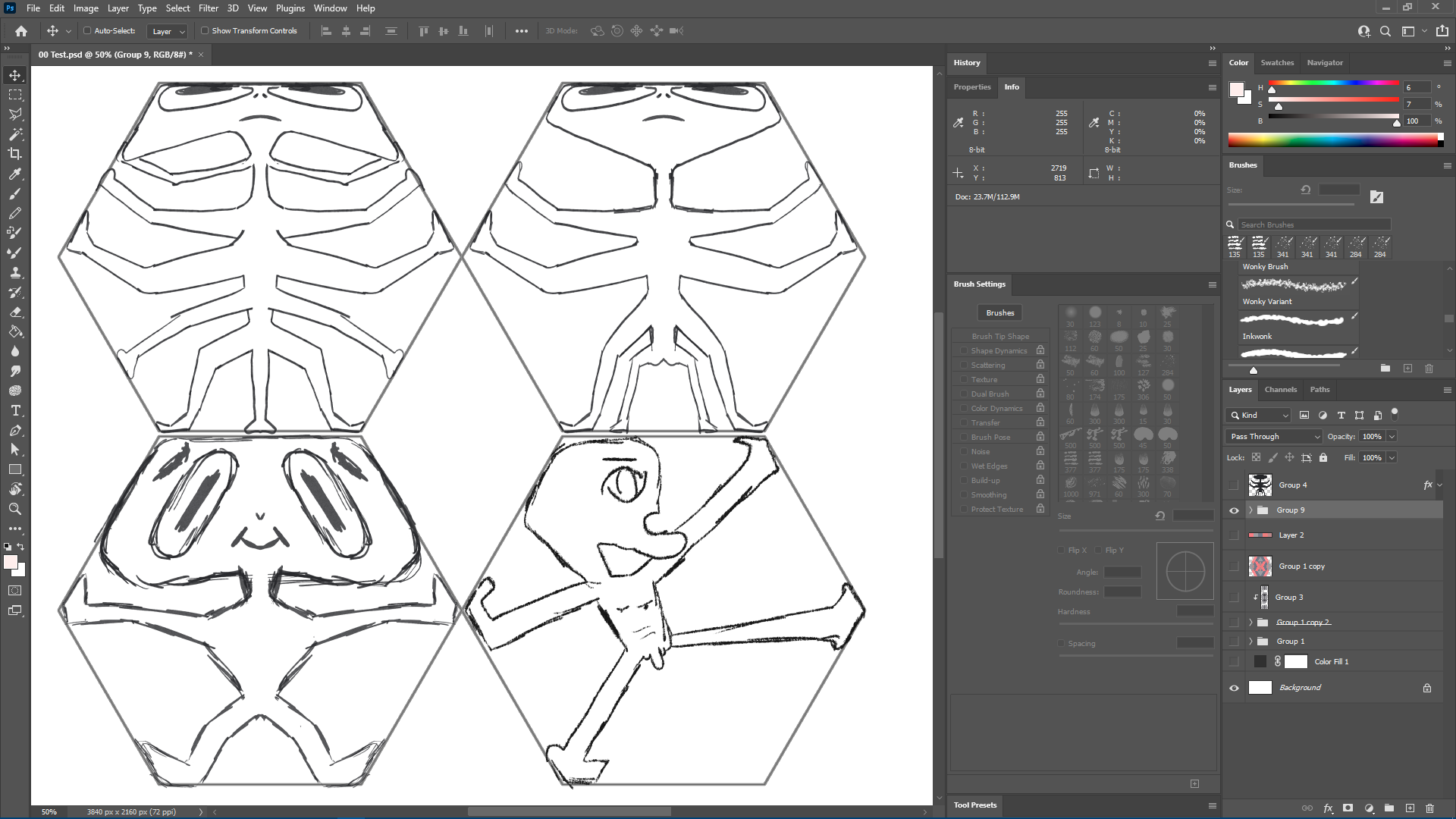 Early character explorations in Adobe Photoshop