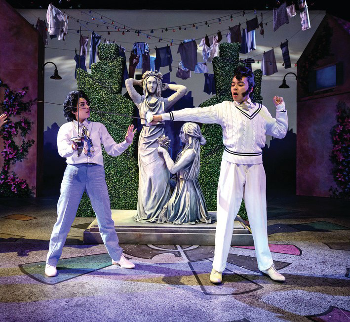 Viola played by Grace Woosley, Andrew Aguecheek played by Daniel Rosales, photo taken by Luke Jamroz