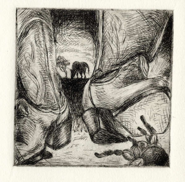 these boots aren't big enough for the two of us, 2026, drypoint etching, 5" x 5"