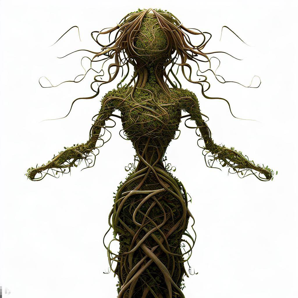 Image 1 Prompt: Front view of a woman made of vines with long tendril arms