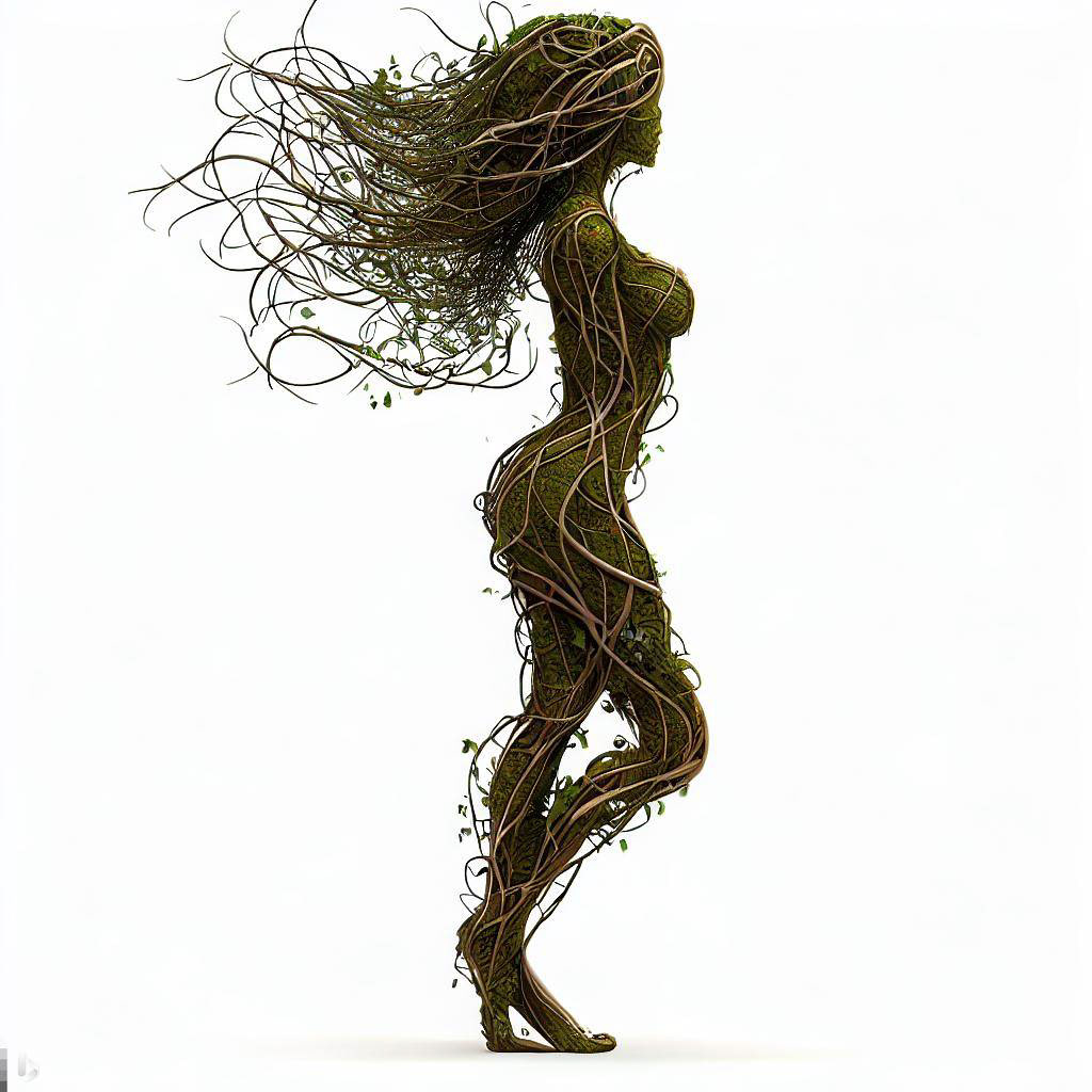 Image 2 Prompt: Side full body view of a woman made of vines with long tendril arms