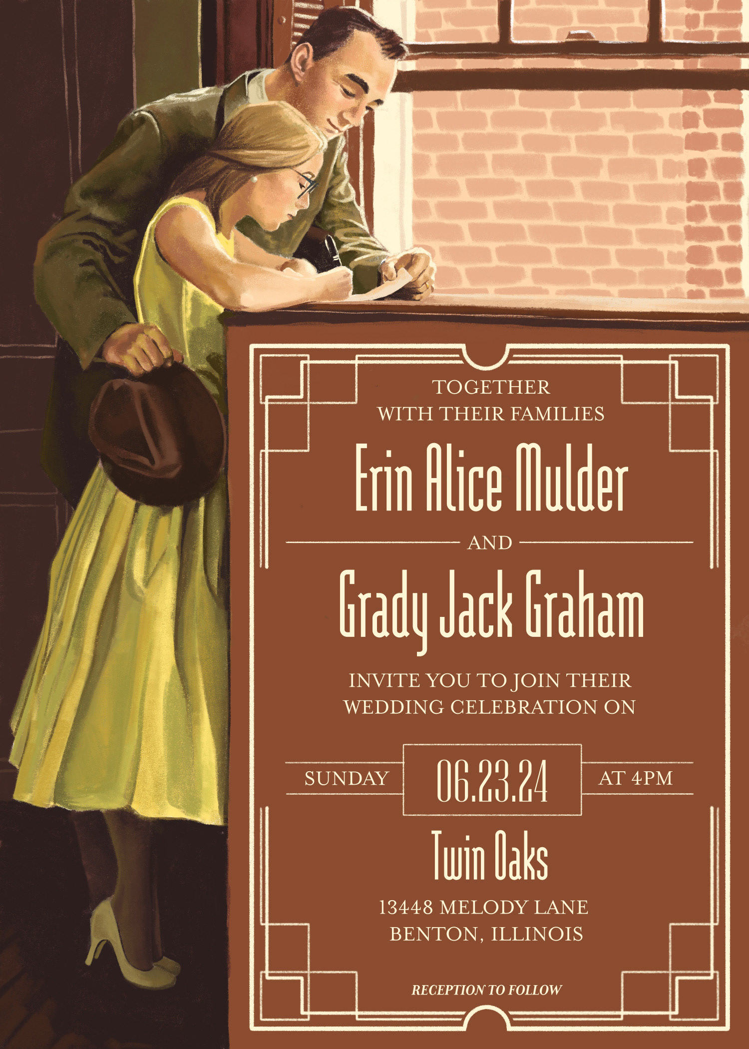 Wedding Invitation after Norman Rockwell, Adobe Fresco, 2024