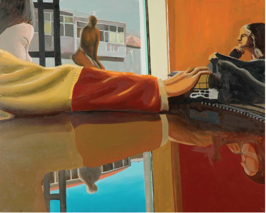 Brincando com o comboio na mesa, óleo sobre tela, 80x100 cm, 2011. Coleção de Maria da Glória Maias de Oliveira. 