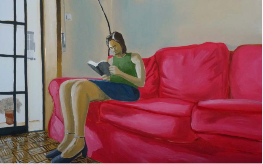 Que bom ter um livro para ler, óleo sobre madeira, 35x60 cm, 2011. Coleção de Canvas Atelier Hostel.