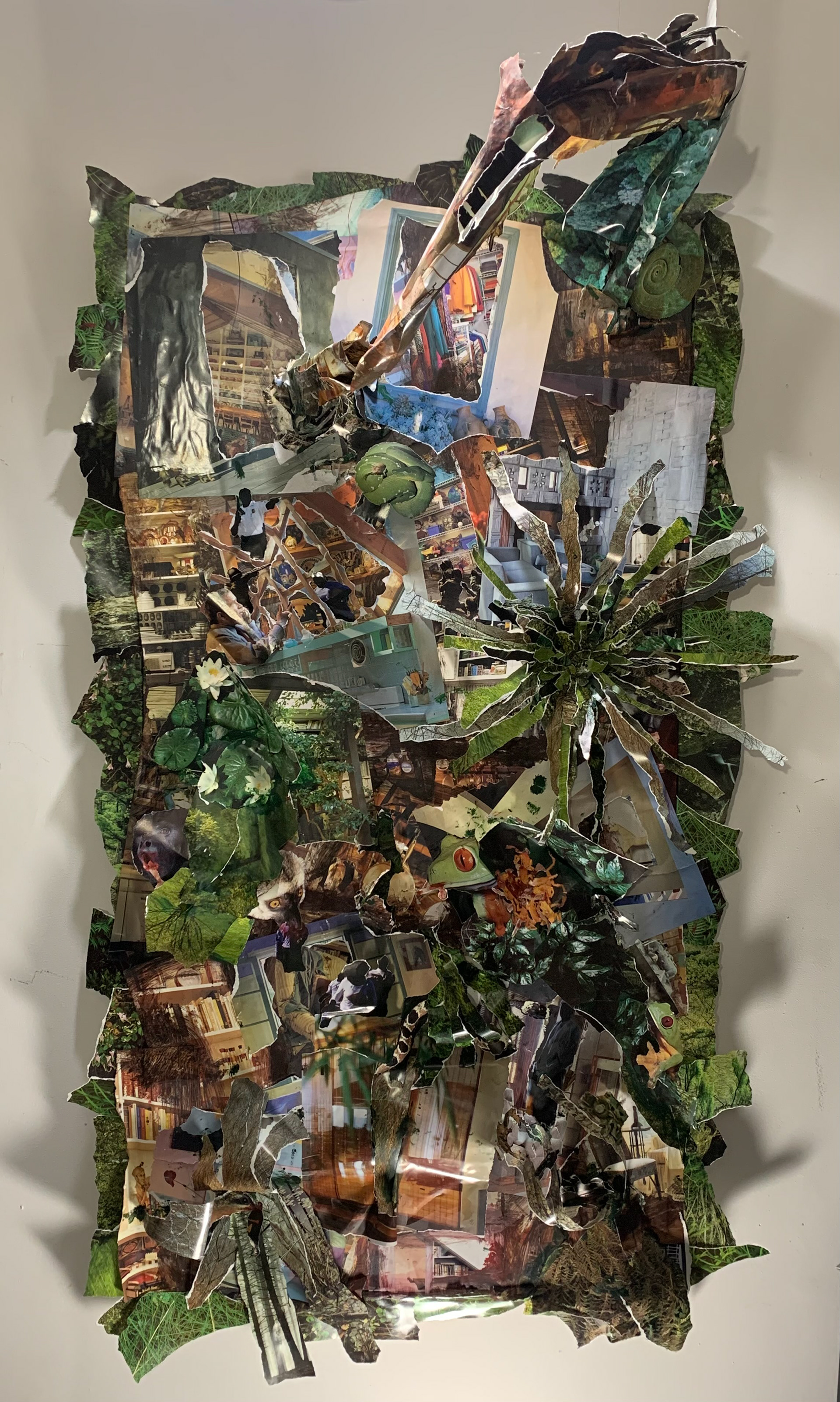 "Reclamation" (64" x 30" x 18"; 2025; Acrylic, Wood, and Collage on Panel)