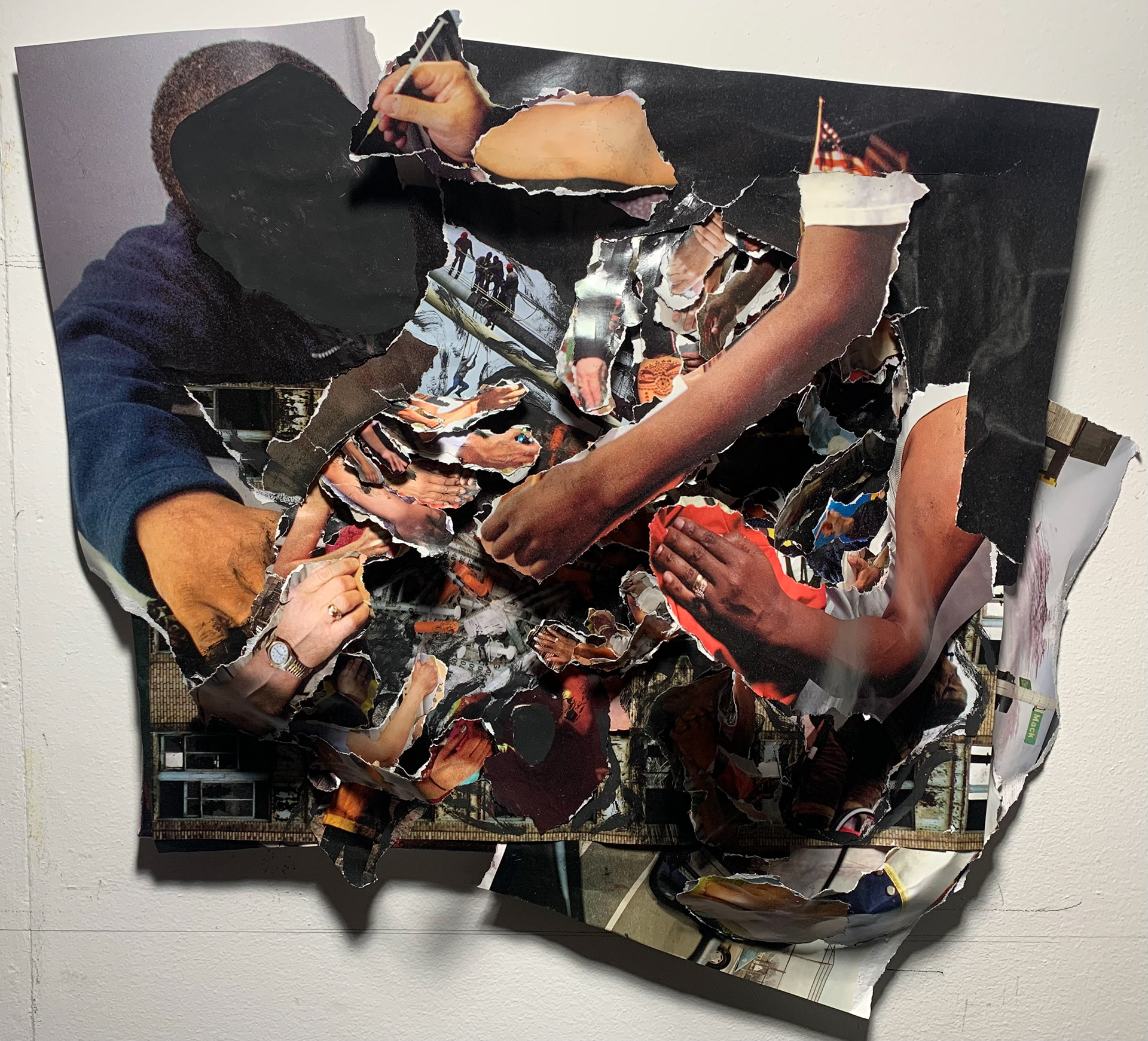 "Everybody Wants Some" (16" x 18" x 5"; 2024; Acrylic, Wire and Collage on Canvas)