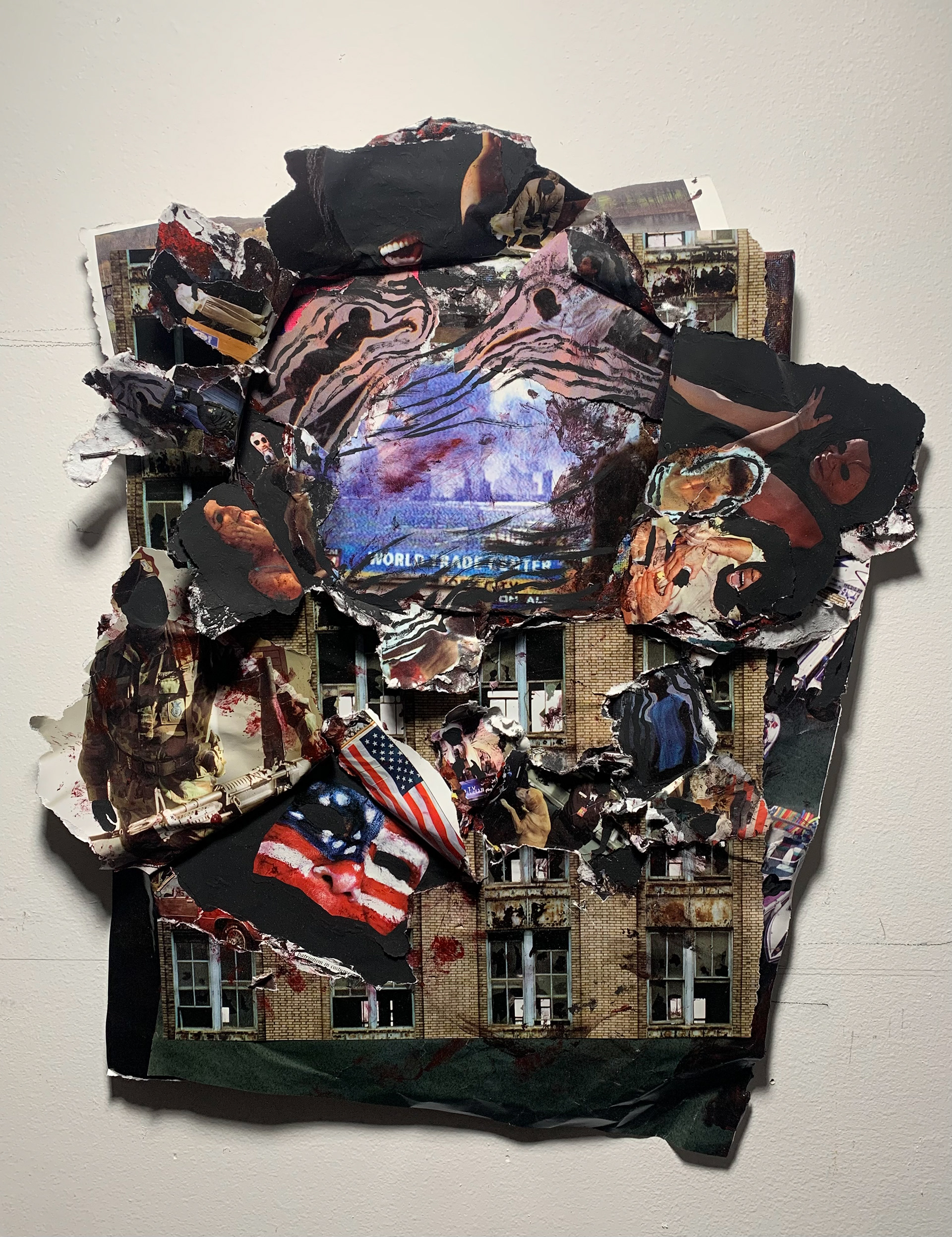 "We Got Him" (18" x 16" x 2"; 2024; Acrylic and Collage on Canvas)