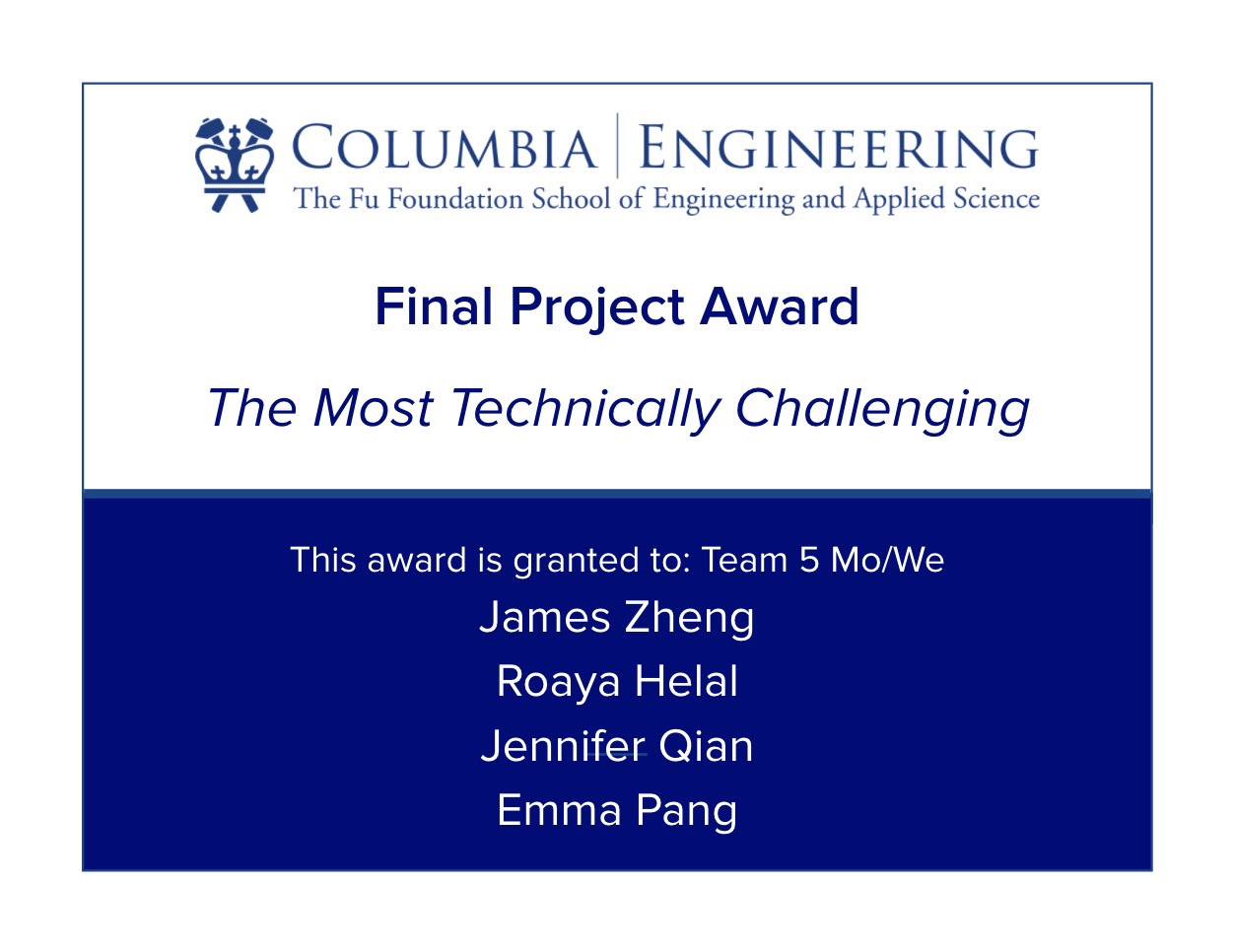Awarded "The Most Technically Challenging"