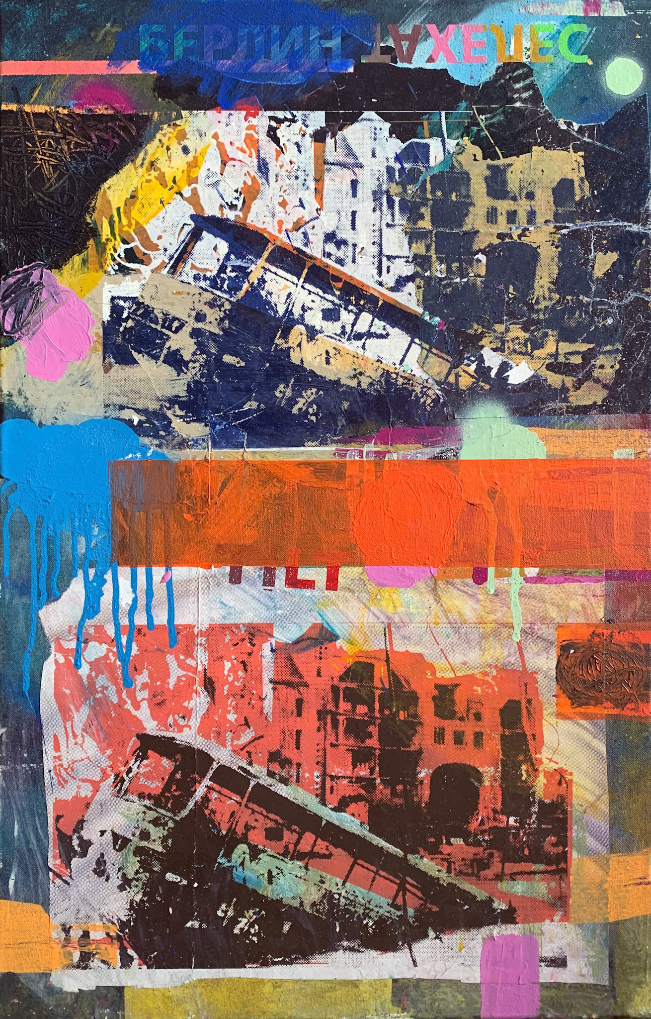 80 x 50 cm, Acryl, Siebdruck und Collage auf Leinwand, 2019
