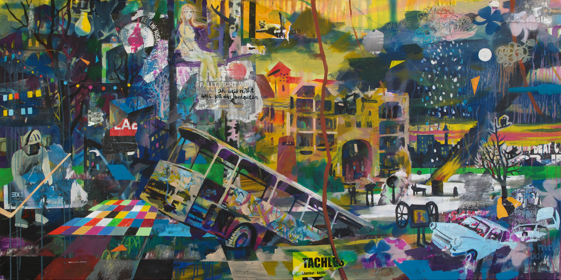 2014, Acryl und Collage auf Leinwand, 100 x 200 cm