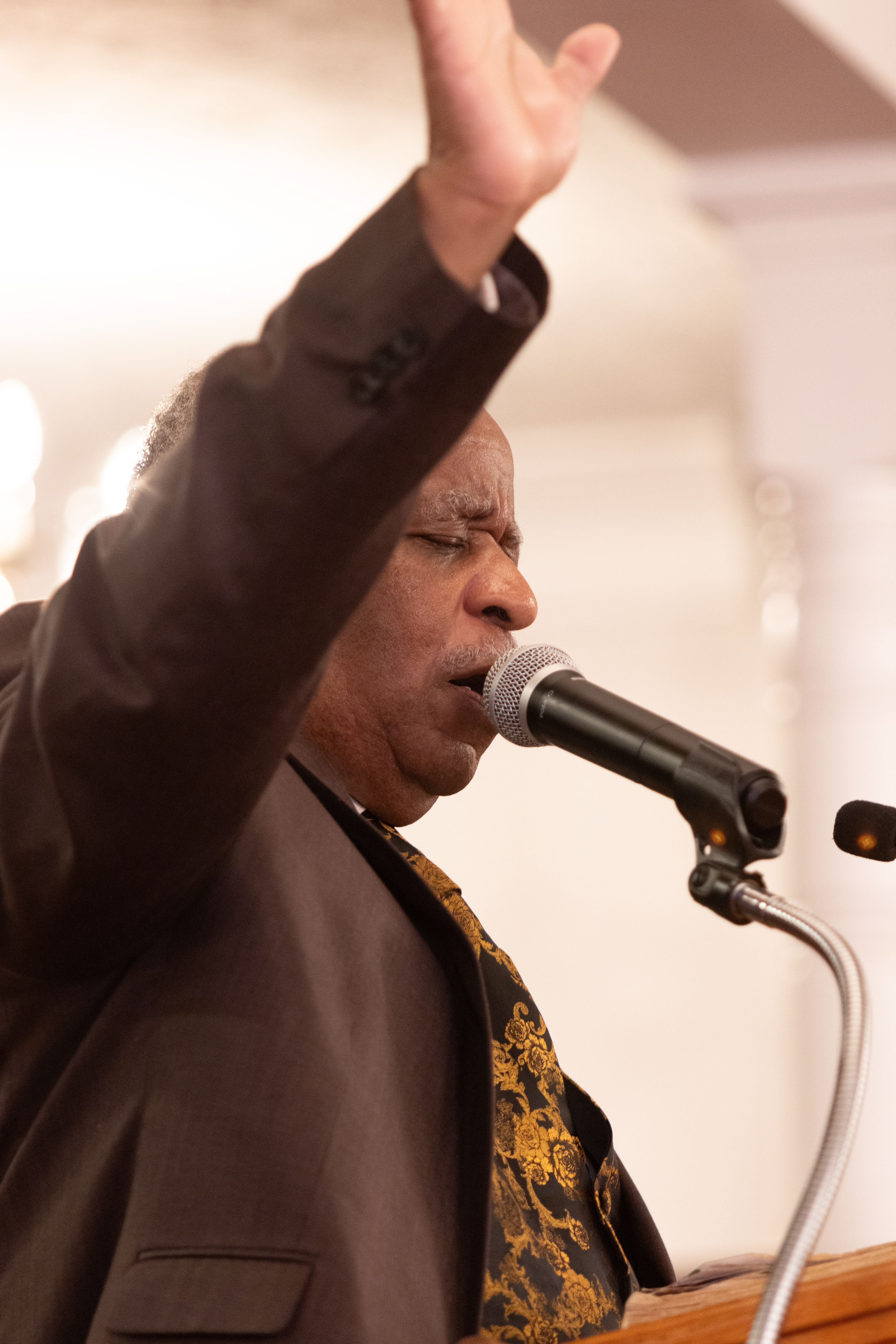 Bishop Calvin Turner gives a benediction to those attending the annual Dr. Martin Luther King, Jr. Program sponsored by the Concerned Men of Oglethorpe County at Mt. Zion Baptist Church in Stephens, Georgia on Jan. 20, 2025. The annual program first began in 2005 and aims to bring the community and youth of Oglethorpe county together in unity, modeled after the values of Dr. Martin Luther King Jr. himself.