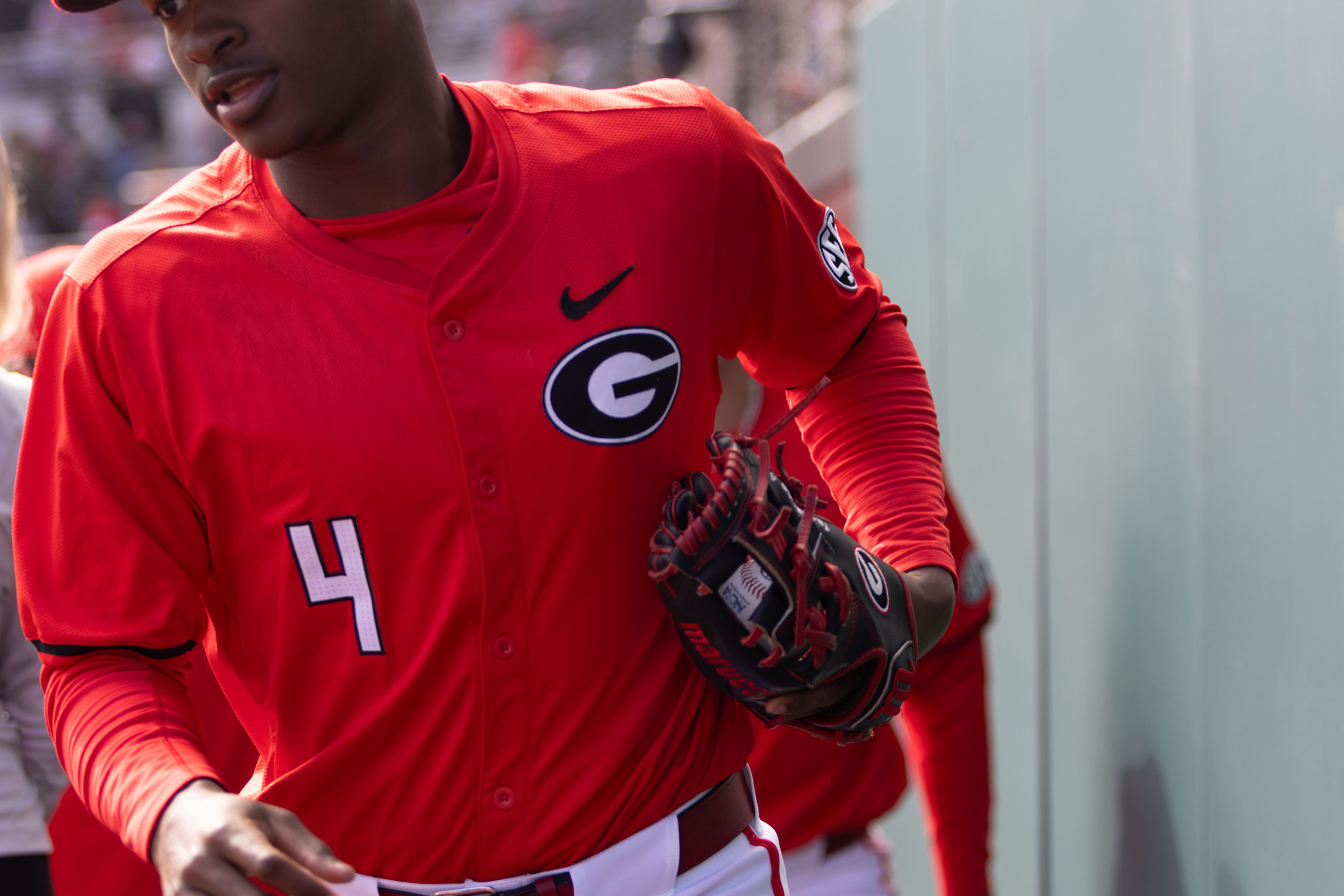 Georgia freshman Erik Parker (4) returns to the field after a team switch during a game between opposing team UIC and Georgia at Foley Field in Athens, Georgia, on Saturday, Feb. 22, 2022. Georgia won 10-4. 