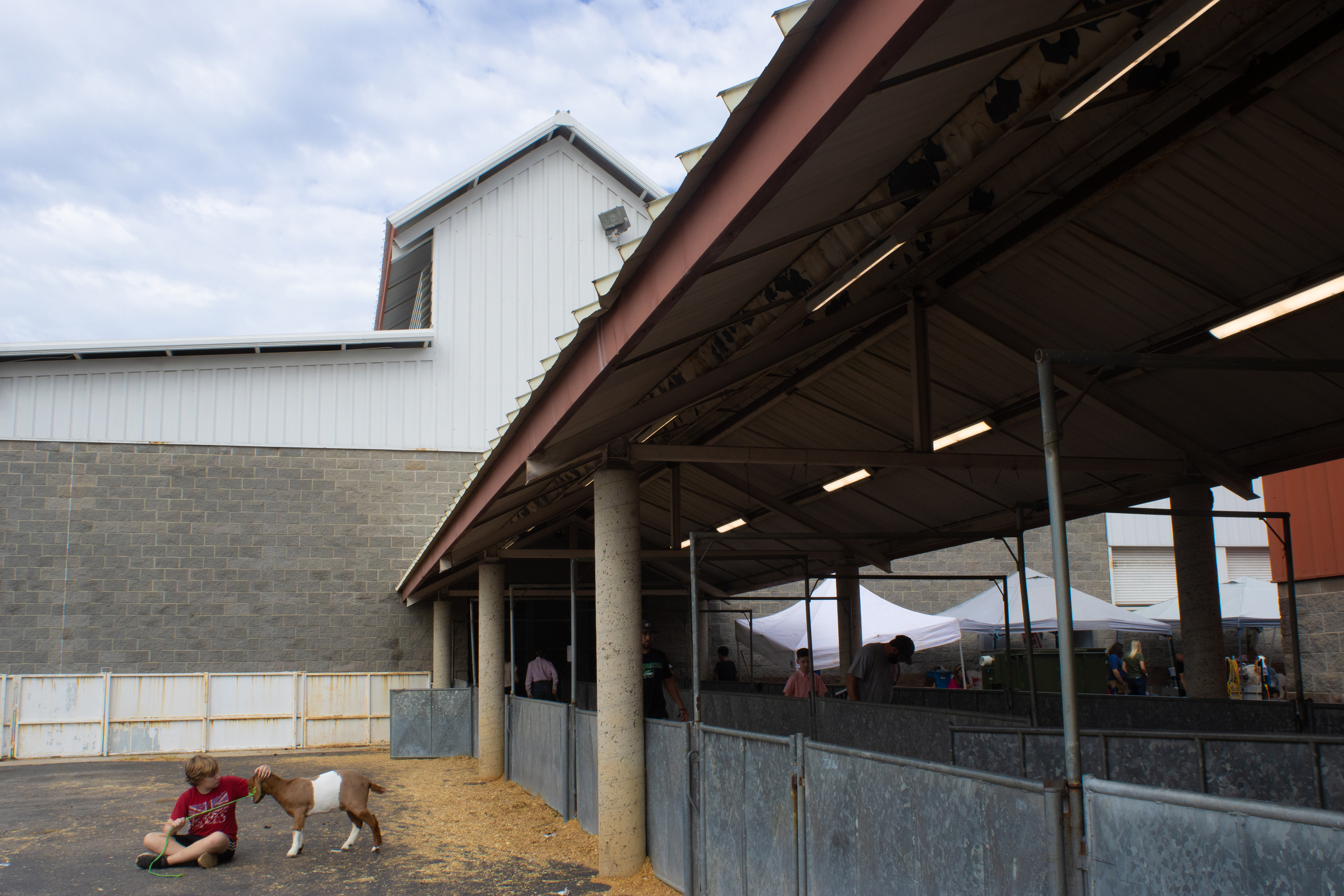 Benton Chandler of Chickamauga, Georgia, 12, sits with his goat named Rose outside of an animal pen at the Georgia National Fairgrounds and Agriculture Center on Oct. 5, 2024. Rose placed 7th in her showing earlier in the day.