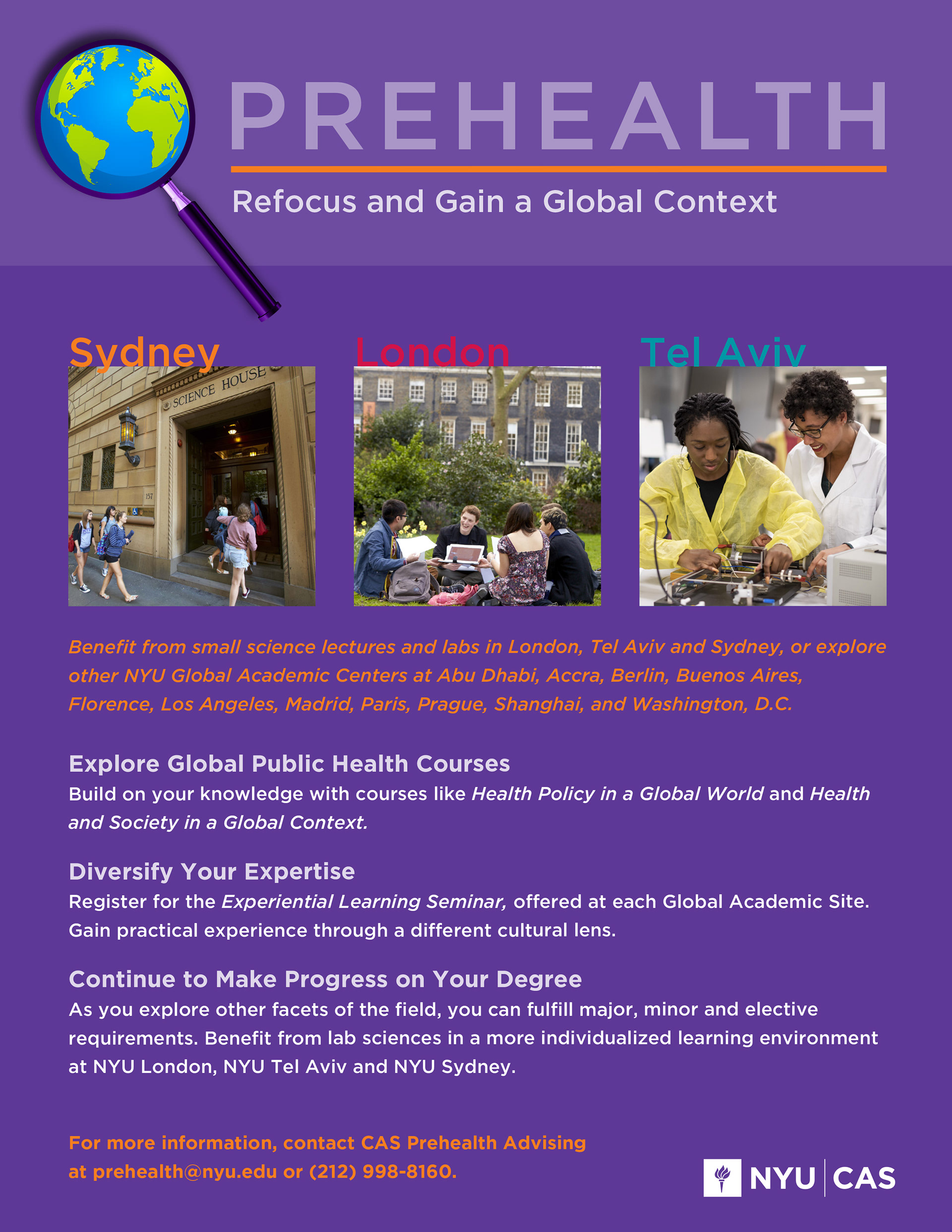 Prehealth Refocus and Gain Global Context, Sydney, London, Tel Aviv. Photos of each city. 