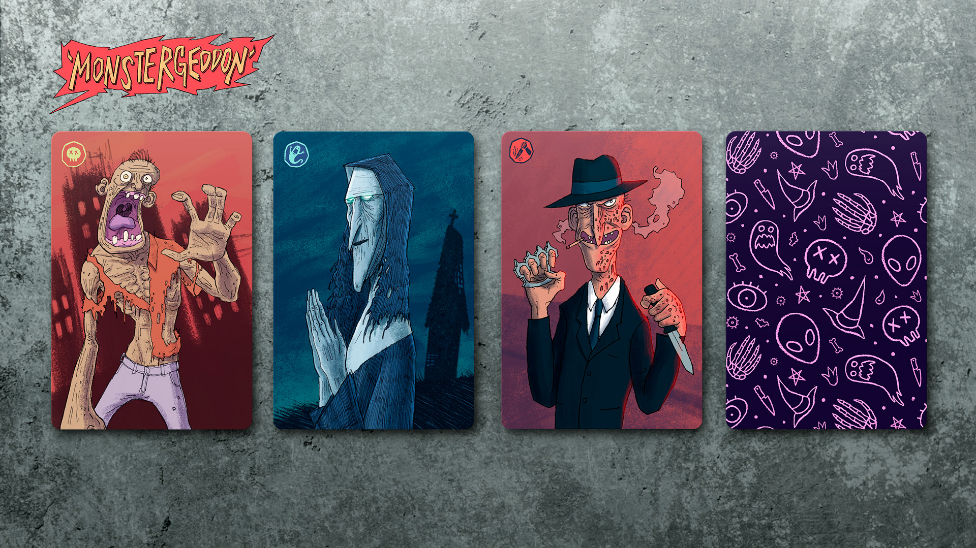 Monster cards, front and back design.