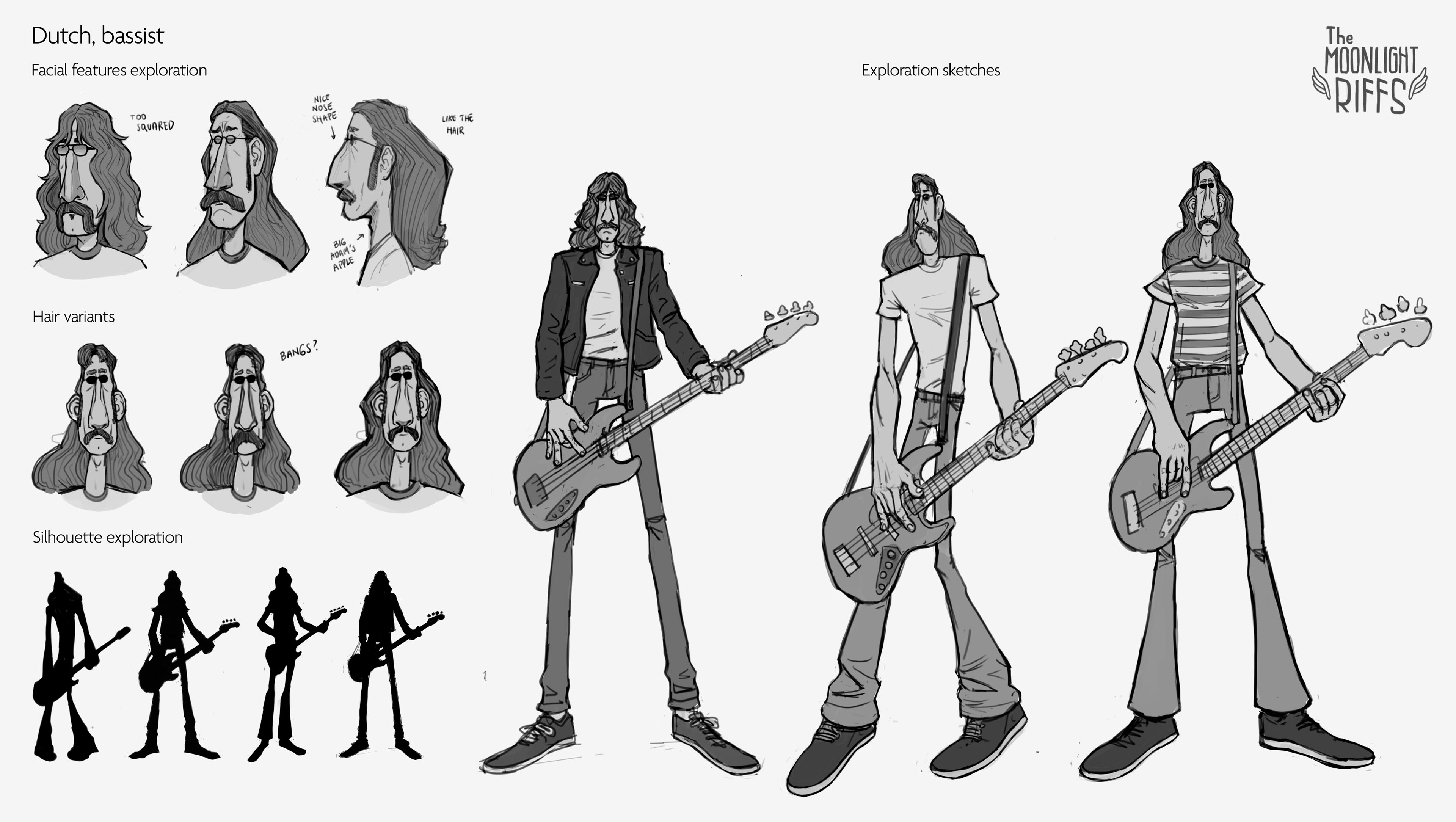 Character exploration for 70s Rock band 'The Moonlight Riffs' (2023).