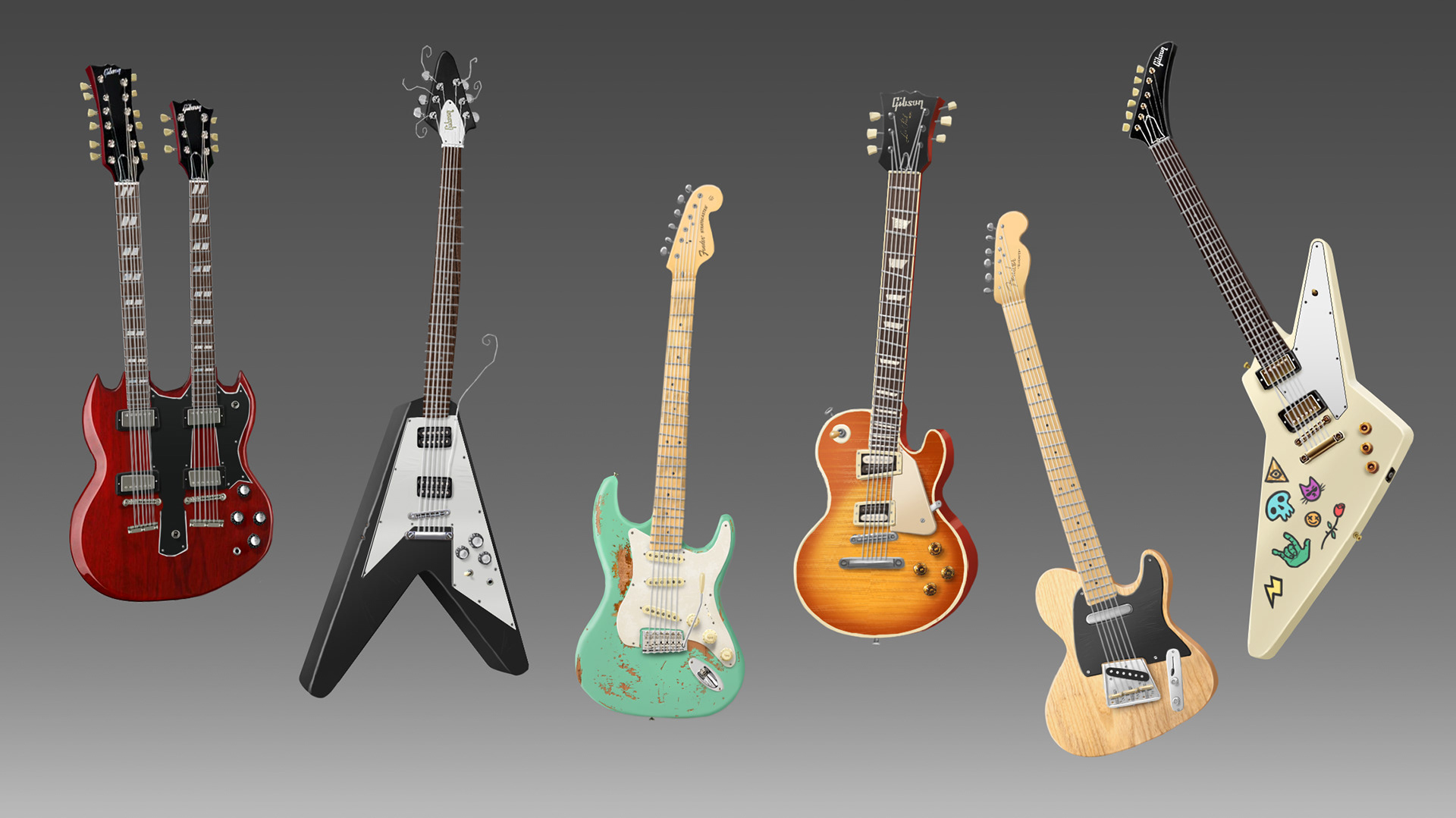 Exploring different shapes, colors and textures in popular guitar designs (2022).