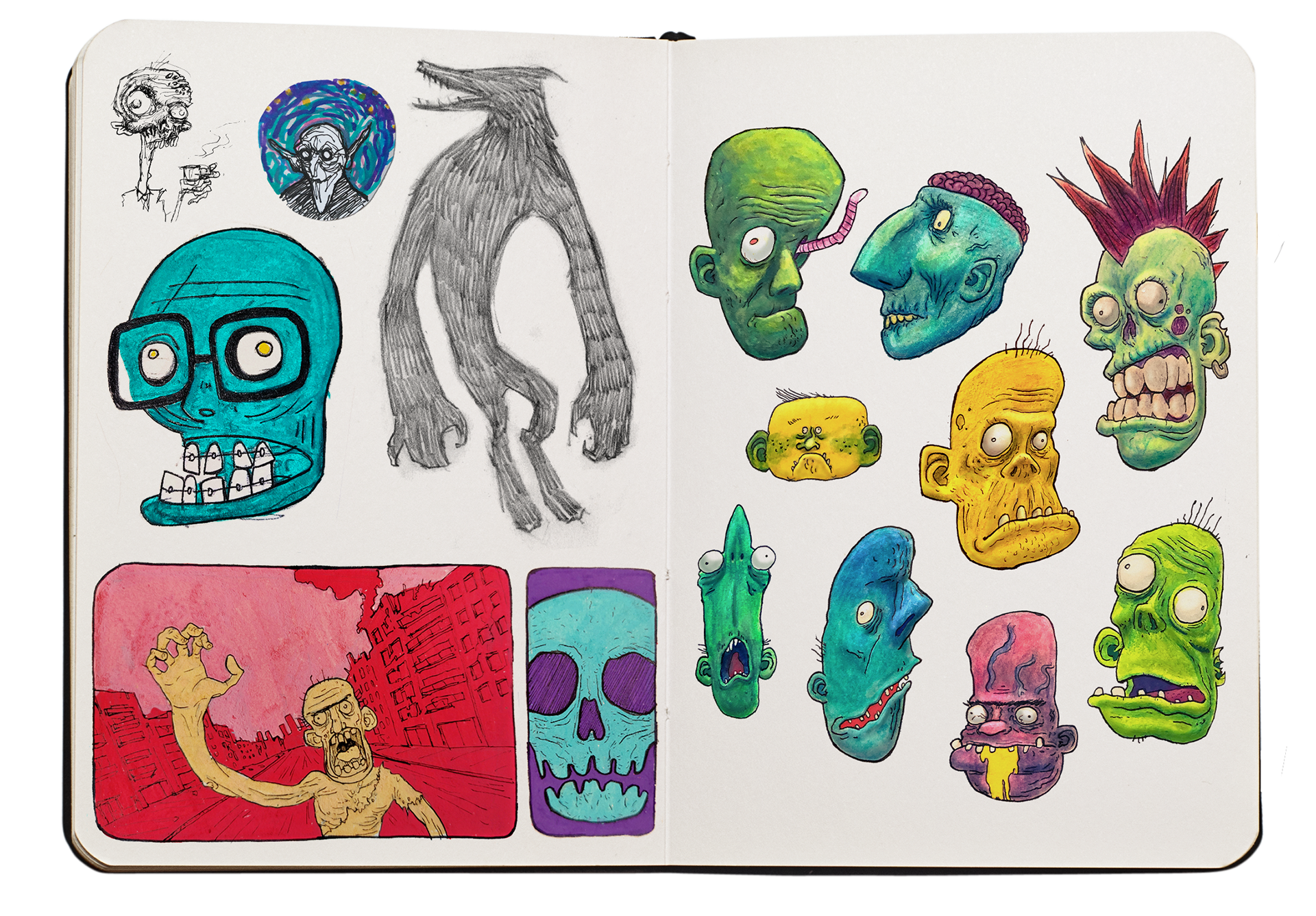 Original drawings from my sketchbook. Tying out paint and alcohol markers, ink, graphite, color and watercolor pencils and acrylic paint.