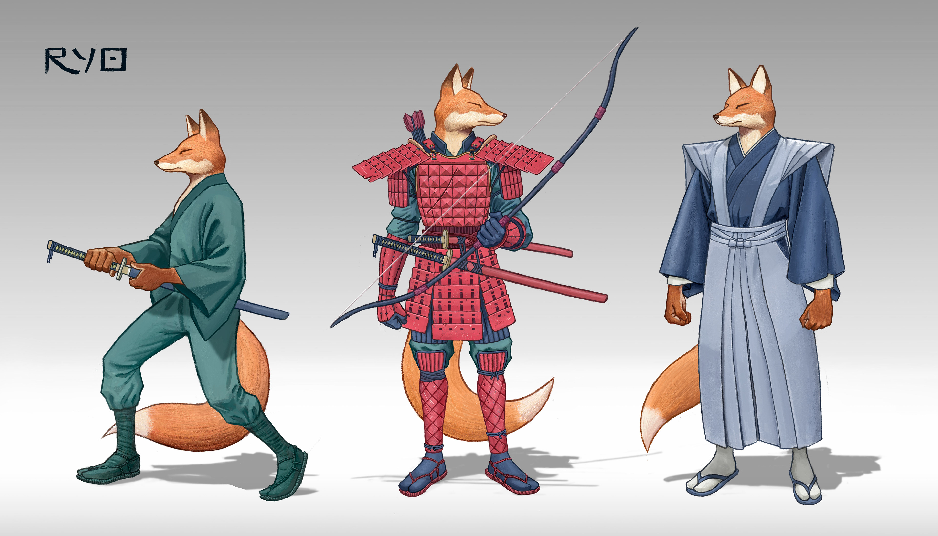 Character design and different costume designs for 'Ryo', a personal project.