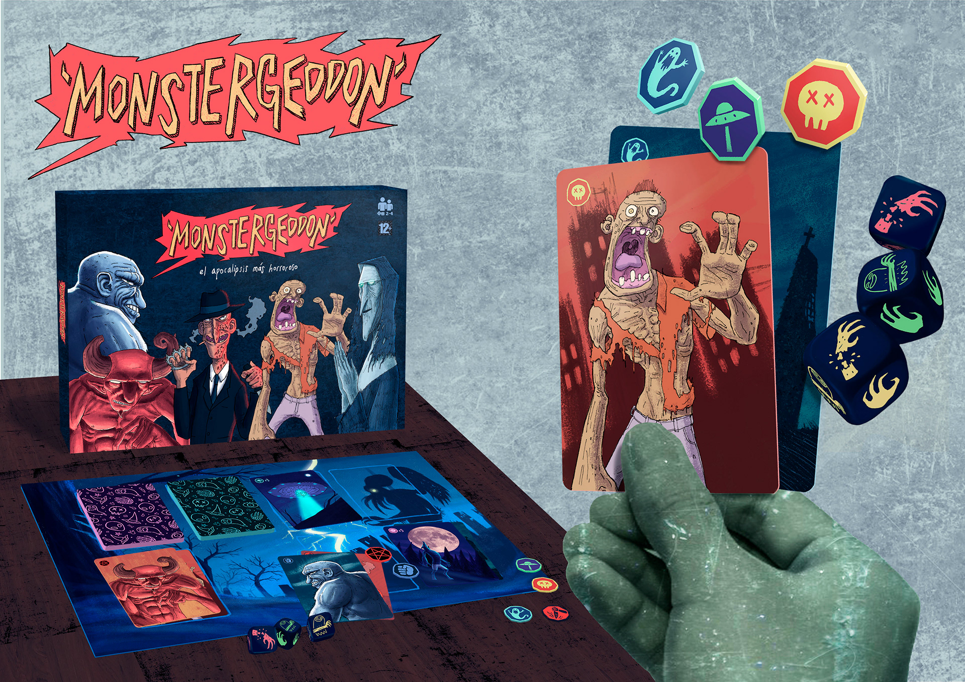 Mockup of the playmat, cards, tokens and packaging.